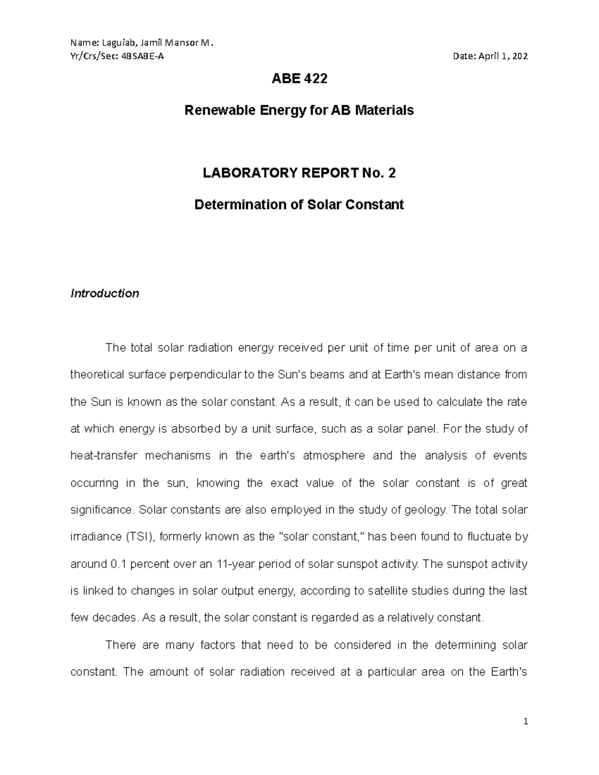 LAB EXE No. 2: Analyzing the Determination of Solar Constant - Studocu