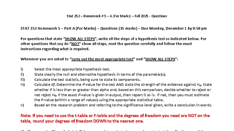 STAT 252 Fall 2025 Homework 5 Part A (For Marks) Questions - Studocu