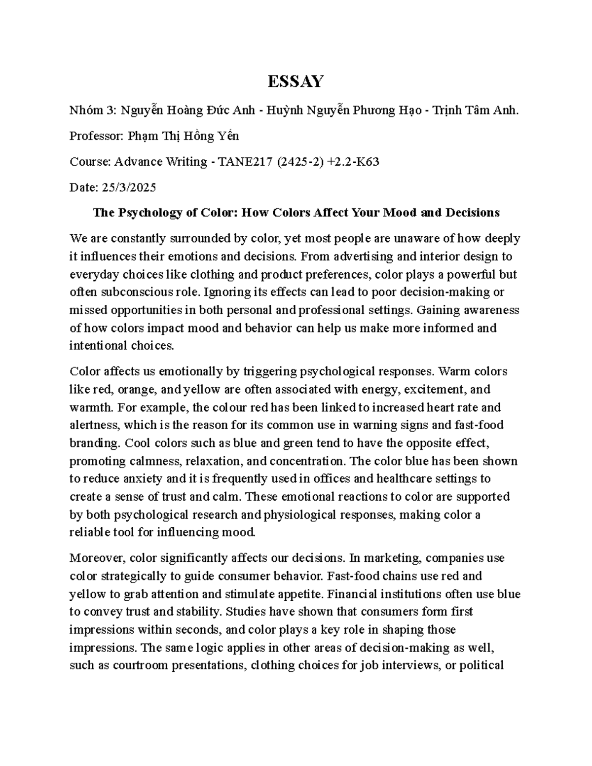 TANE217 Essay: The Psychology of Color and Its Impact on Mood - Studocu