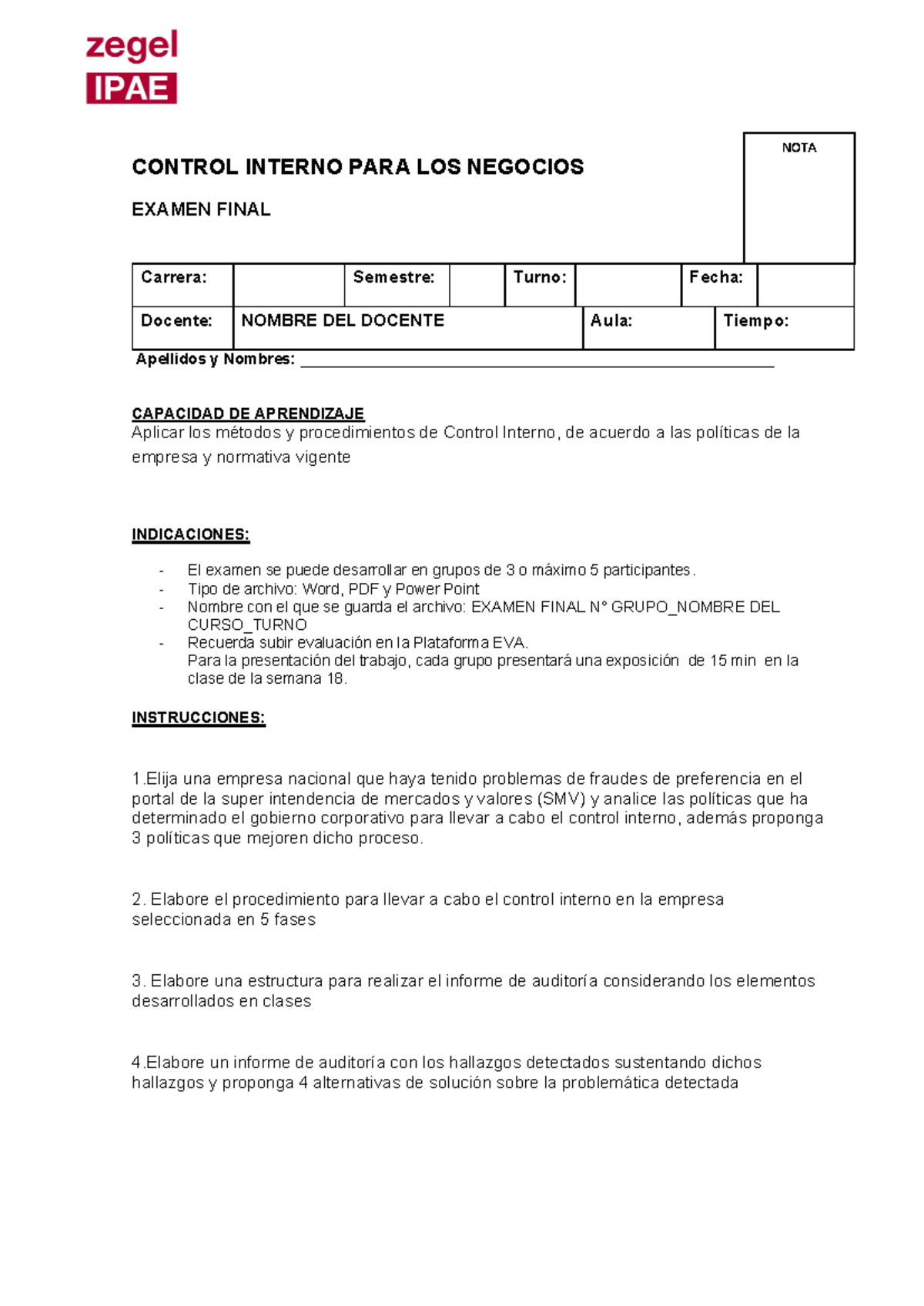 Evaluación Final de Control Interno 2025 II - Examen Grupales - Studocu