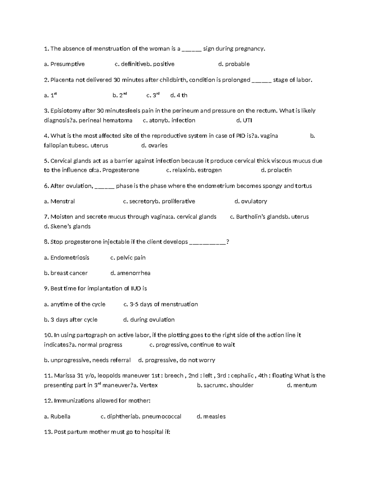 OB-GYN Quiz Set 1: Key Concepts and Practice Questions - Studocu