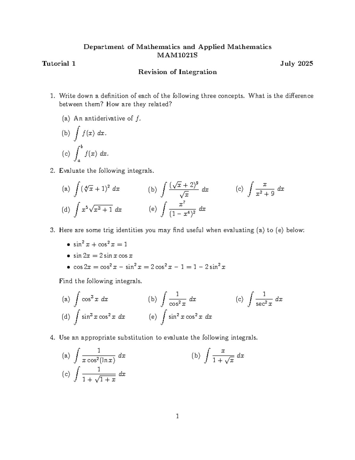 MAM1021S July 2025 Integration Concepts and Techniques Tutorial - Studocu