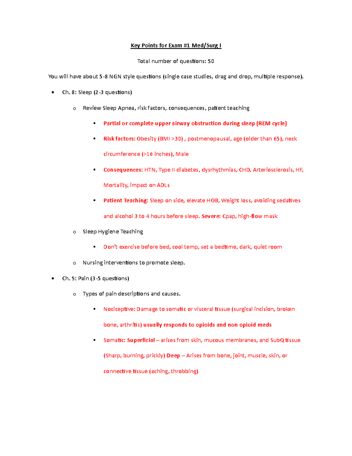 Study Guide: Med Surg I - Test 1 Key Points and Key Concepts - Studocu