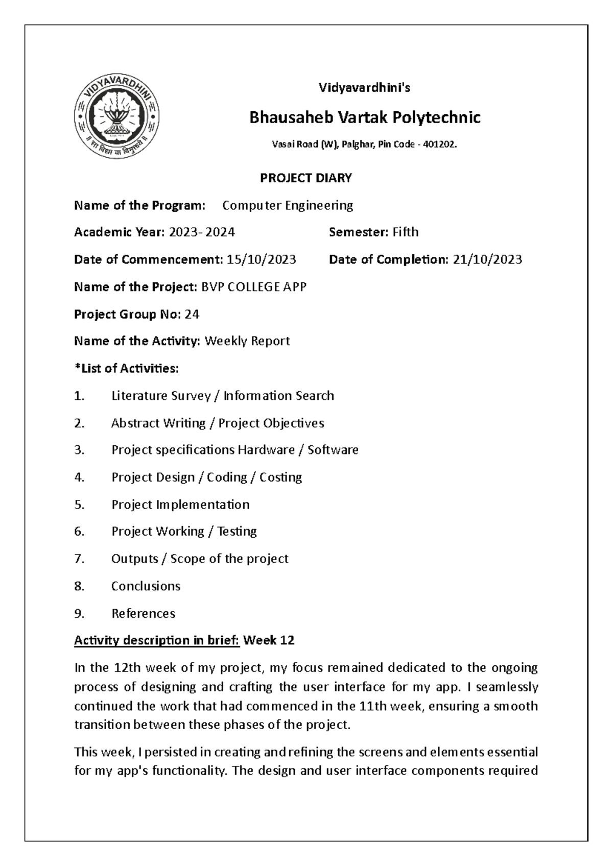CPP diary week13 - PROJECT DIARY Name of the Program: Computer ...