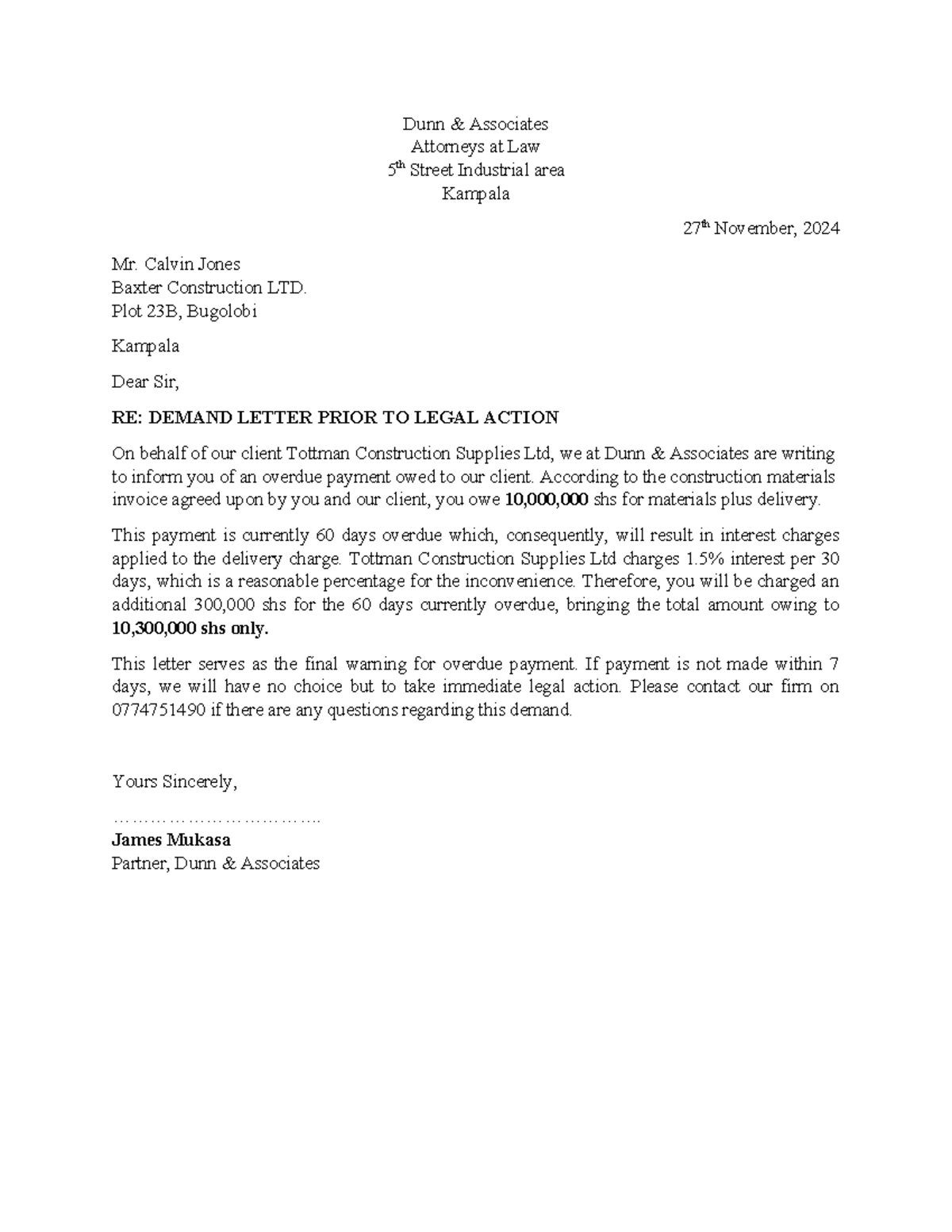 Demand Letter Template for Legal Action - Dunn & Associates - Studocu