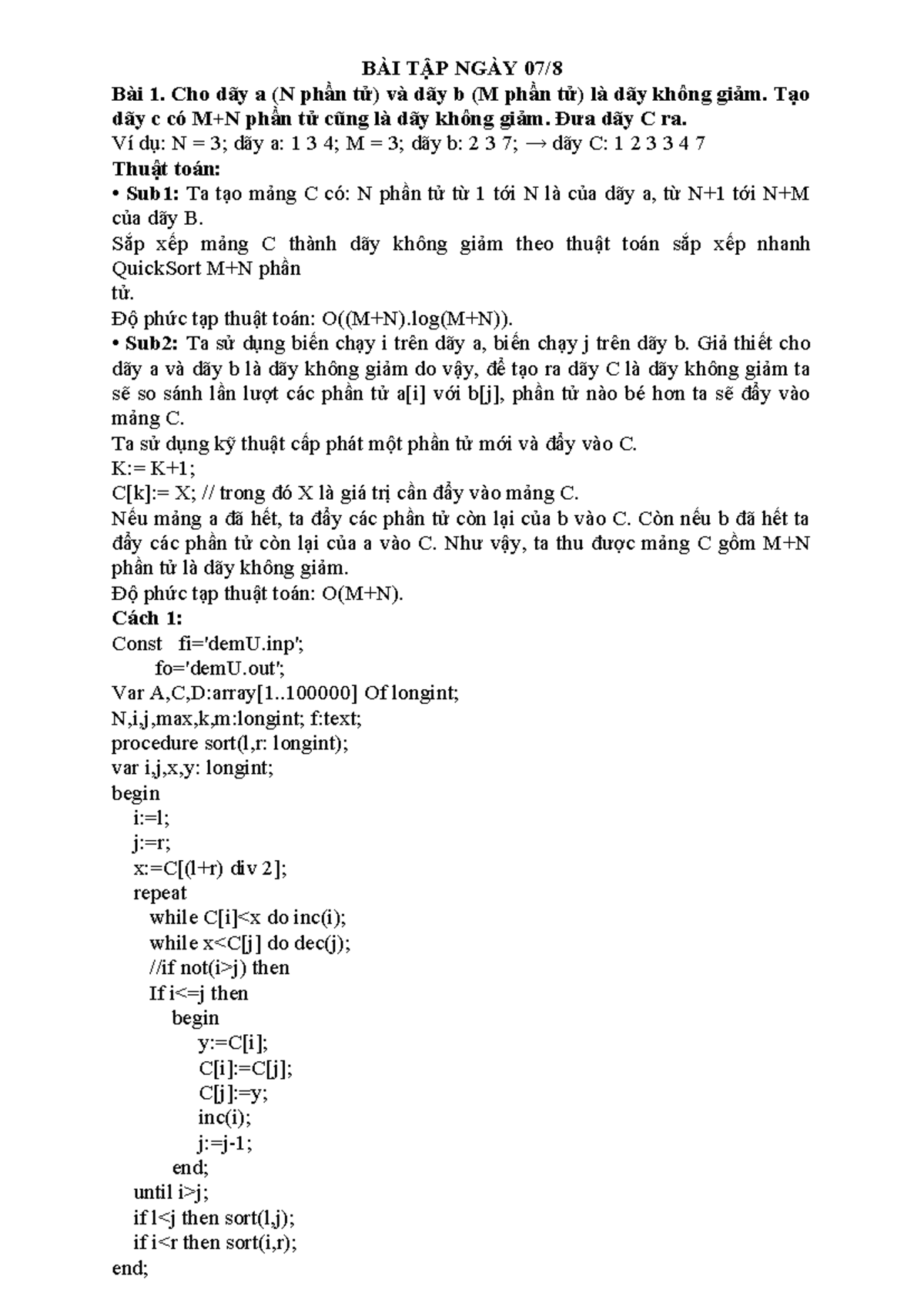 HƯỚNG DẪN THUẬT TOÁN VÀ CODE BÀI TẬP NGÀY 07.8 - UG101 - Studocu