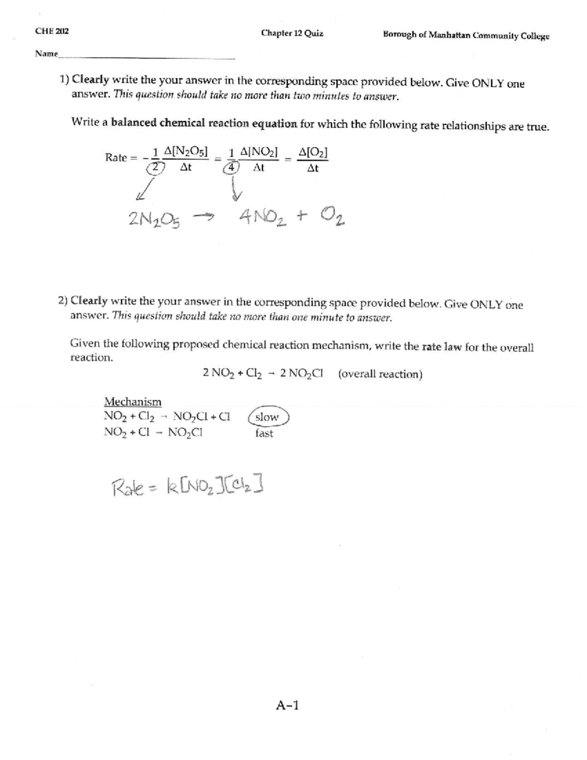 CHE 202 Chapter 12 Quiz - Chemical Reaction Rates and Mechanisms - Studocu