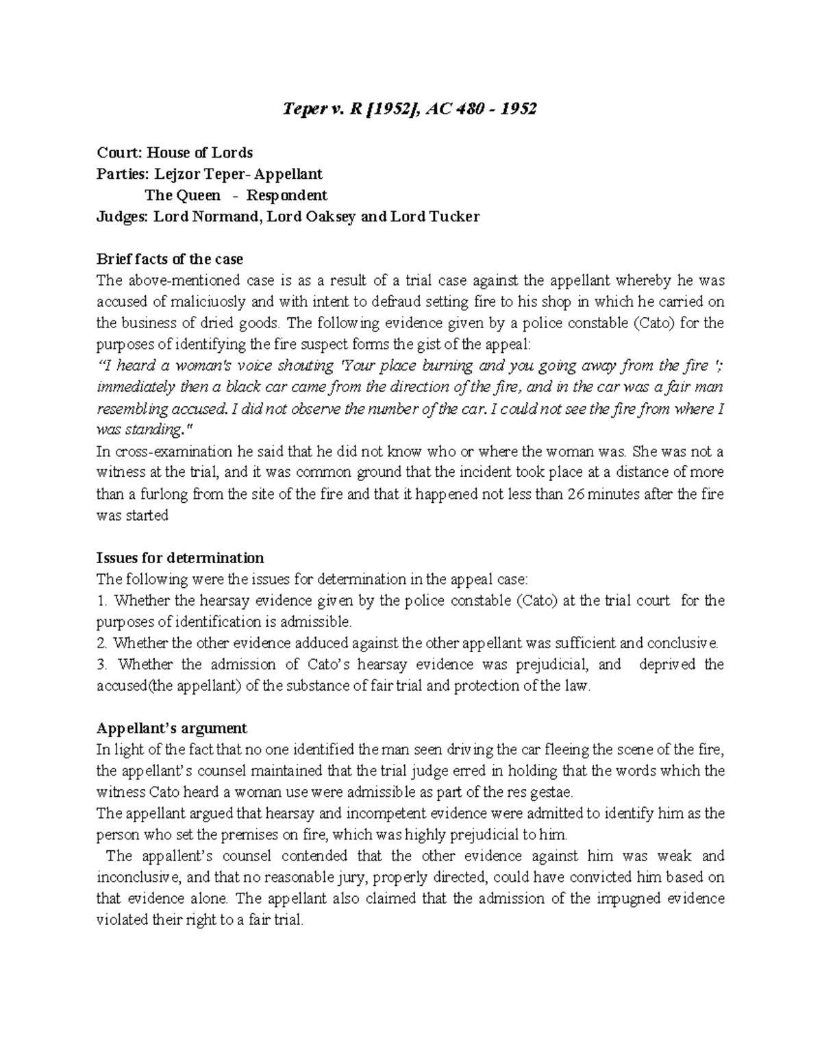 Teper v R [1952] AC 480 - Case Summary and Analysis - Studocu