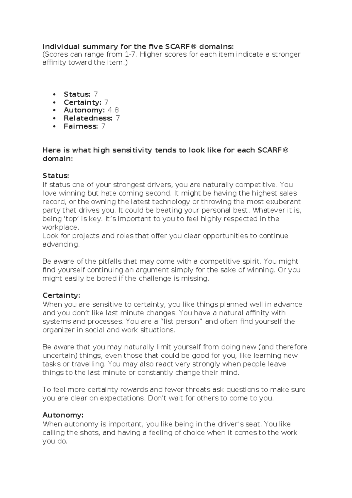 SCARF Assessment NS - Term 1: Individual Summary of Five Domains - Studocu