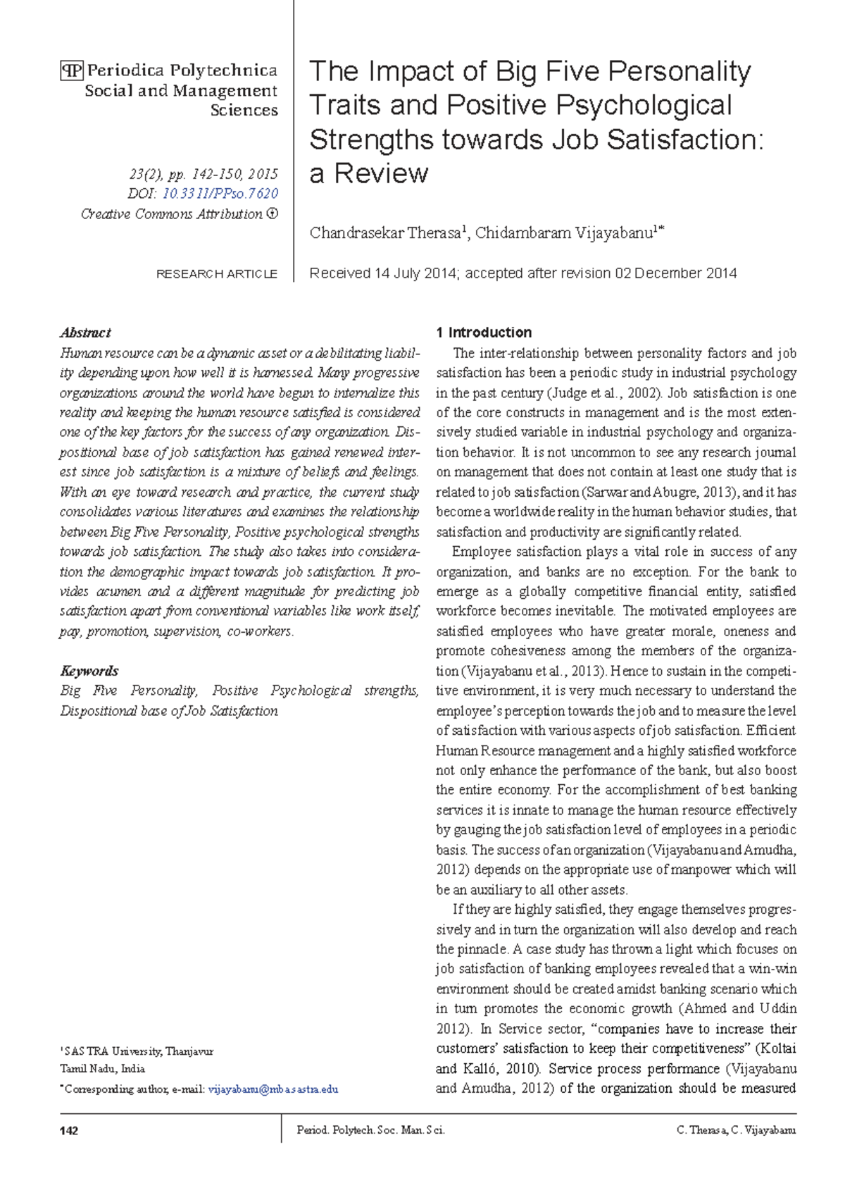 The Impact of Big Five Personality and PsyCap on Job Satisfaction - 142 ...