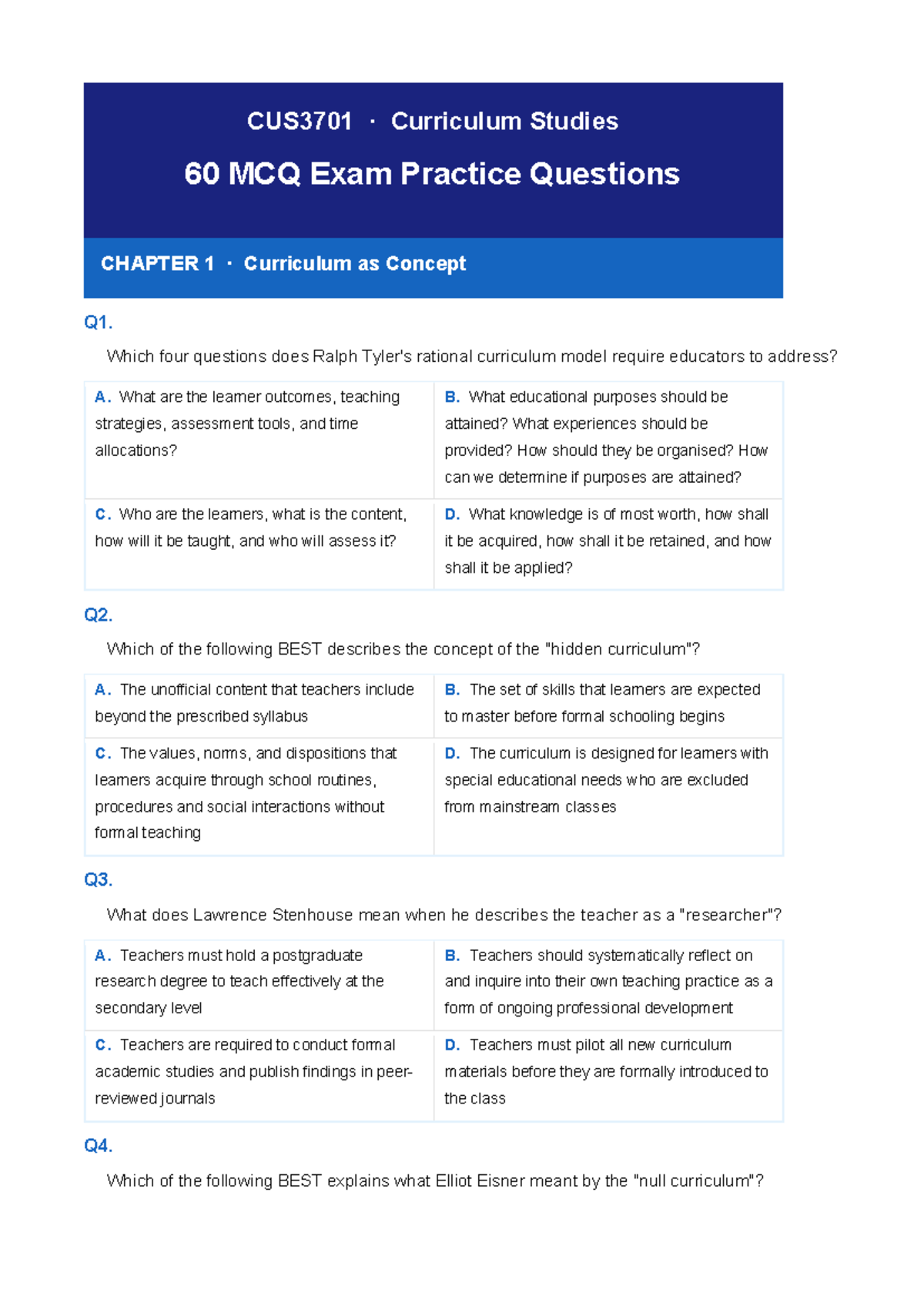 CUS3701 Curriculum Studies: 60 MCQ Exam Practice Questions - Chapter 1 ...