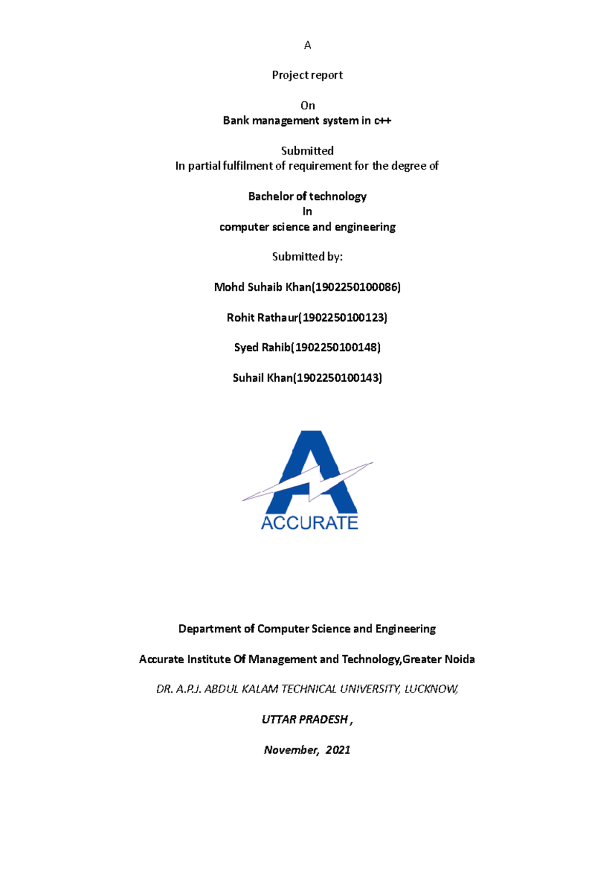 Bank Management System Project Report - C++ (B.Tech) - Studocu