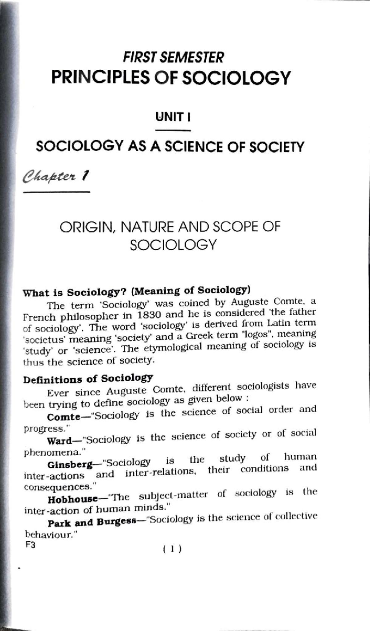 SOCIOLOGY F3: ORIGIN, NATURE, AND SCOPE OF SOCIOLOGY - UNIT I OVERVIEW ...