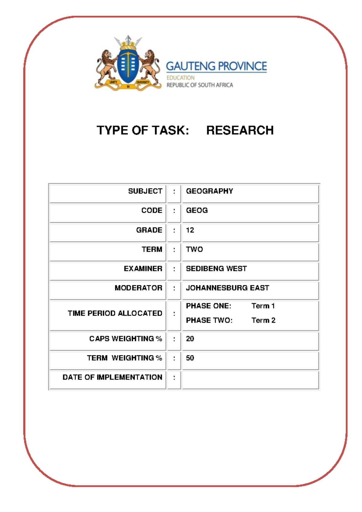 Grade 12 Geography Research Task Guidelines (GEOG 12) - Studocu