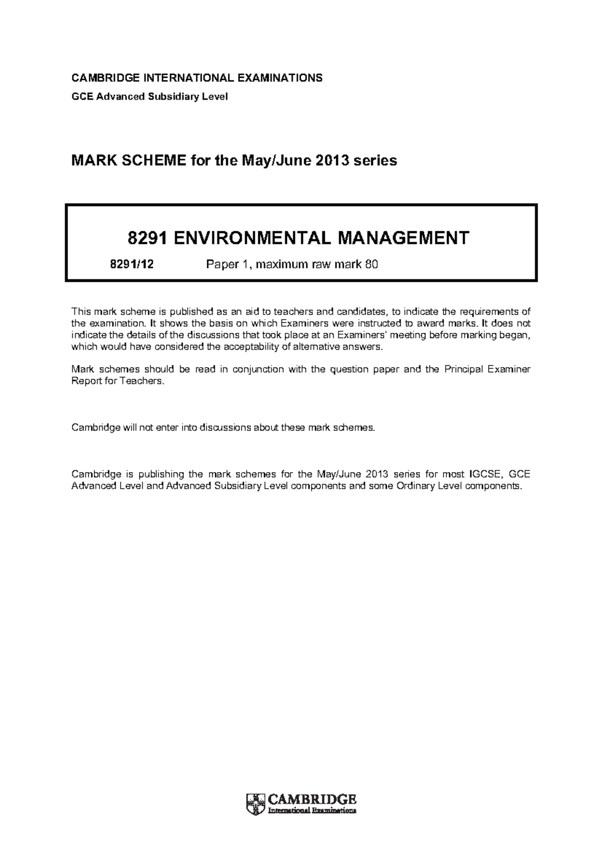8291/12 AS Level Environmental Management Mark Scheme - May/June 2013 ...