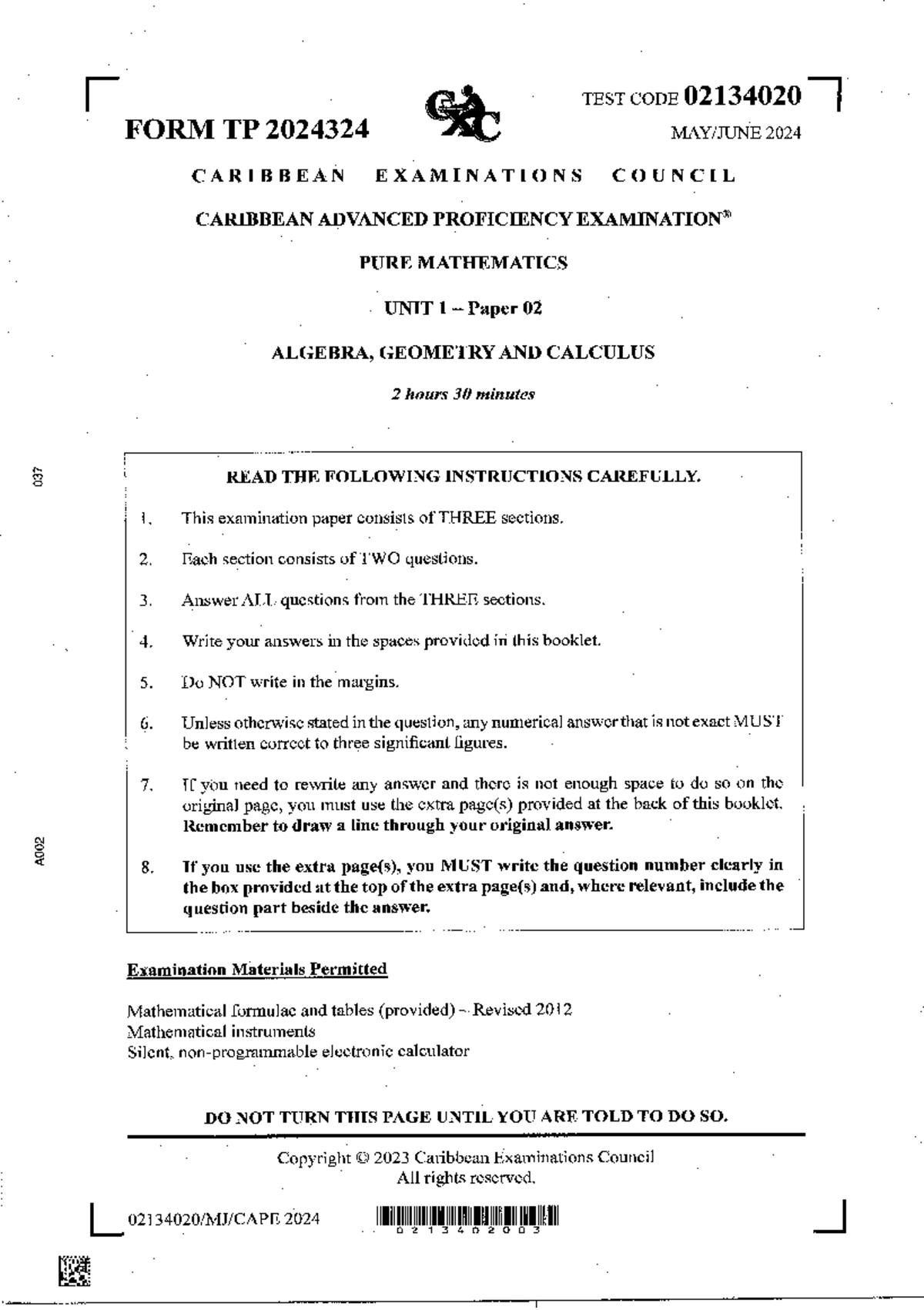 Cape Pure Mathematics 2024 Unit 1 Paper 02 Exam Guide - Studocu