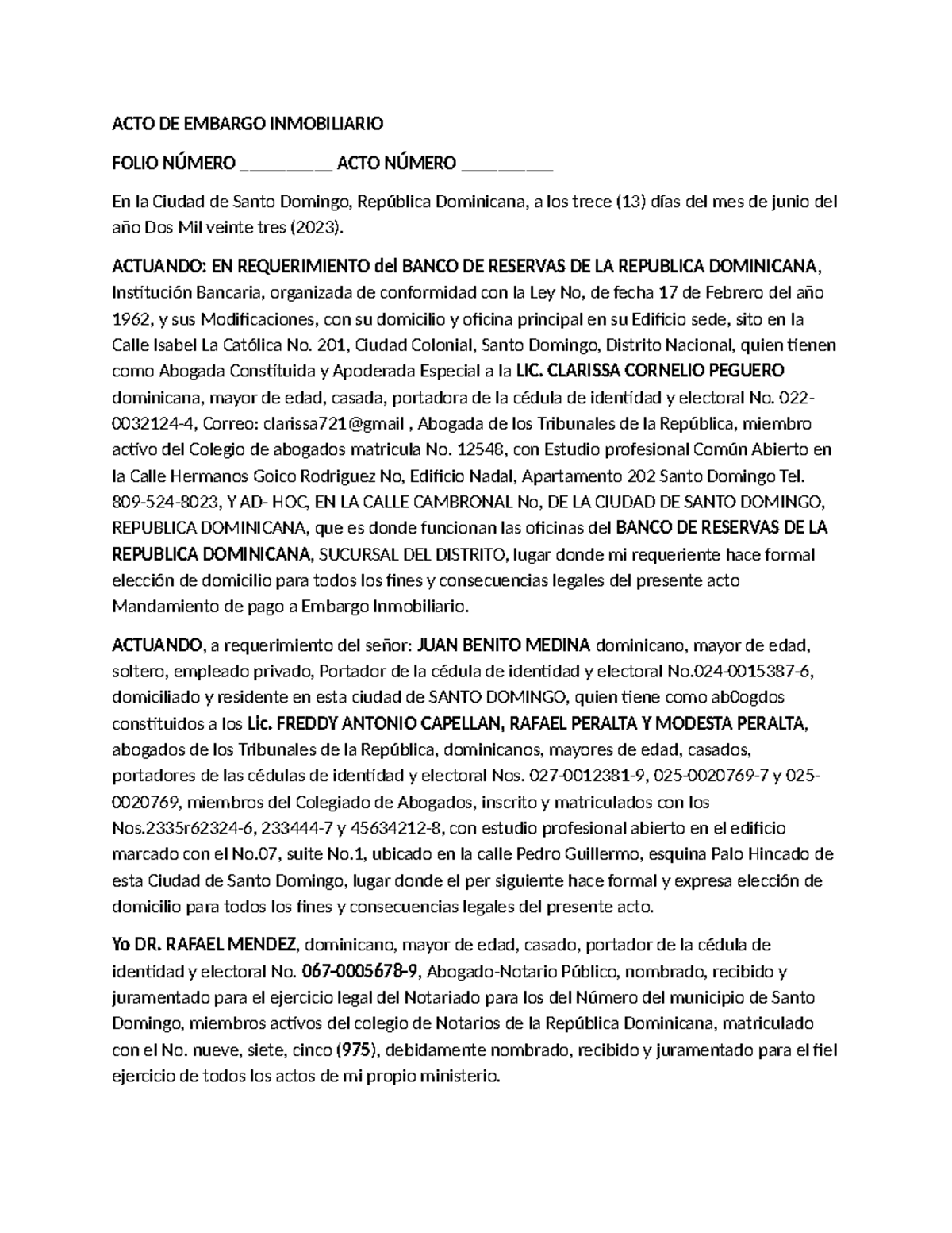 ACTO DE EMBARGO INMOBILIARIO - SANTO DOMINGO, 2023 - Studocu