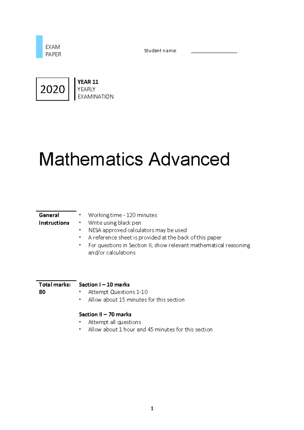 Year 11 Mathematics Advanced Final Exam Paper 2020 - Studocu