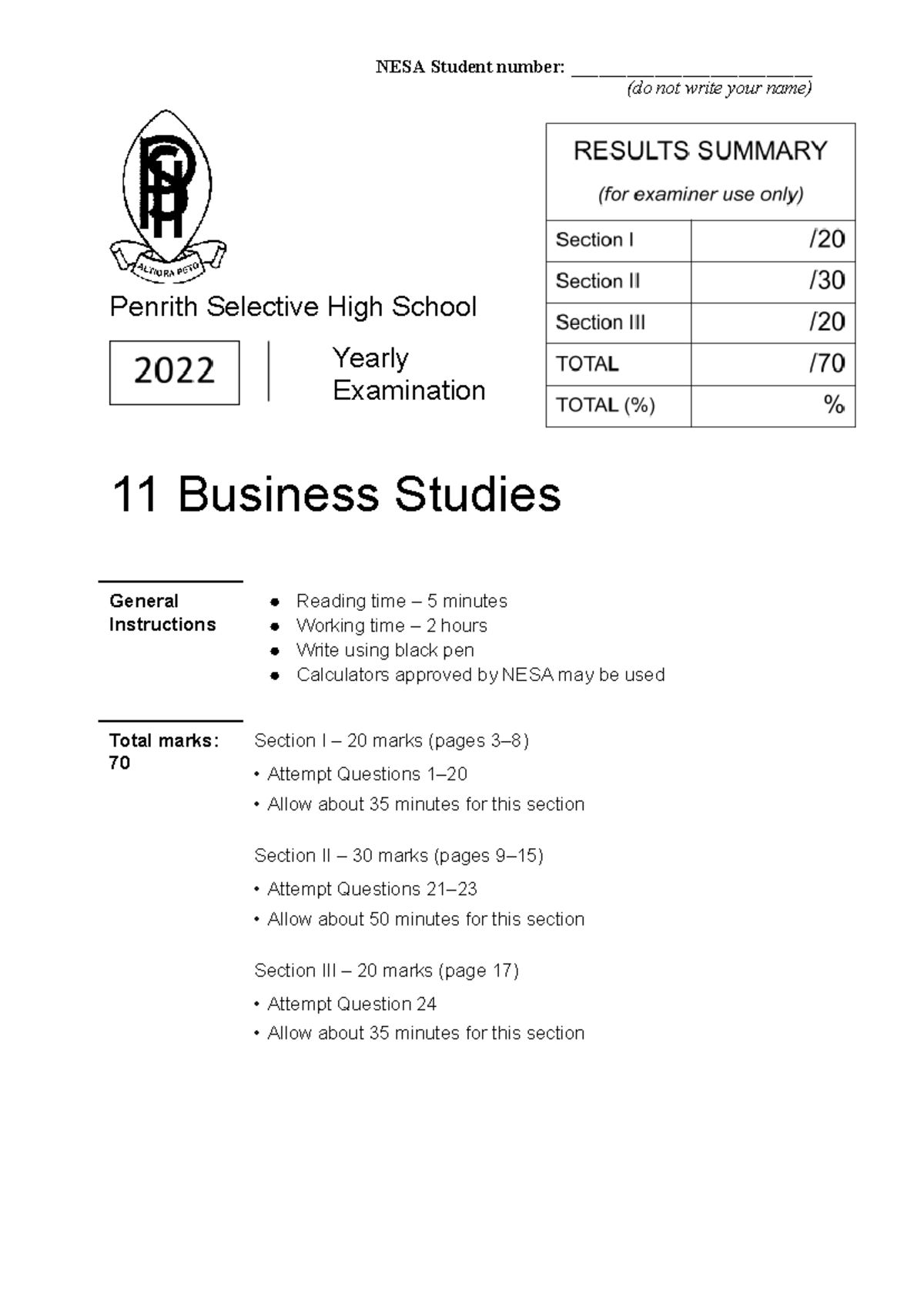 Year 11 Business Studies NESA Yearly Exam 2022 - Total Marks: 70 - Studocu
