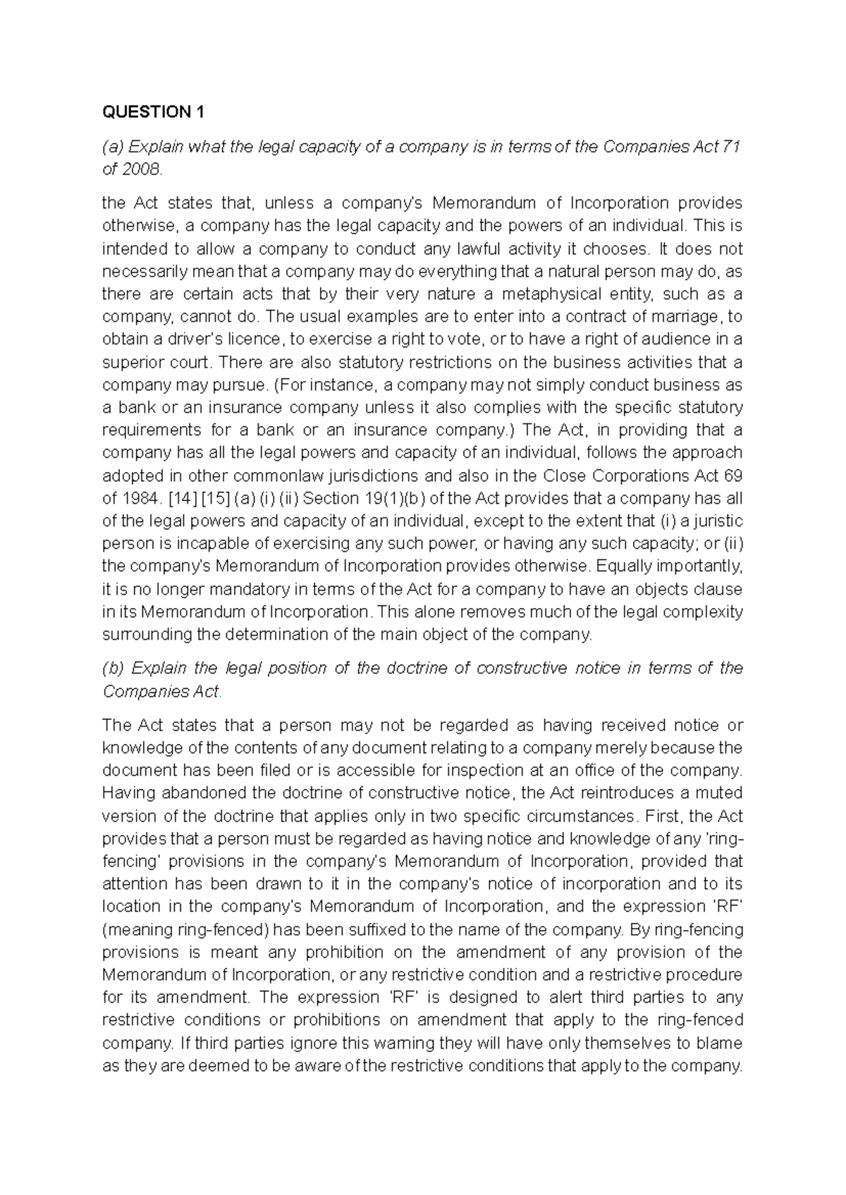 Legal Principles and Case Analyses: Company Law Overview (LAW 101 ...
