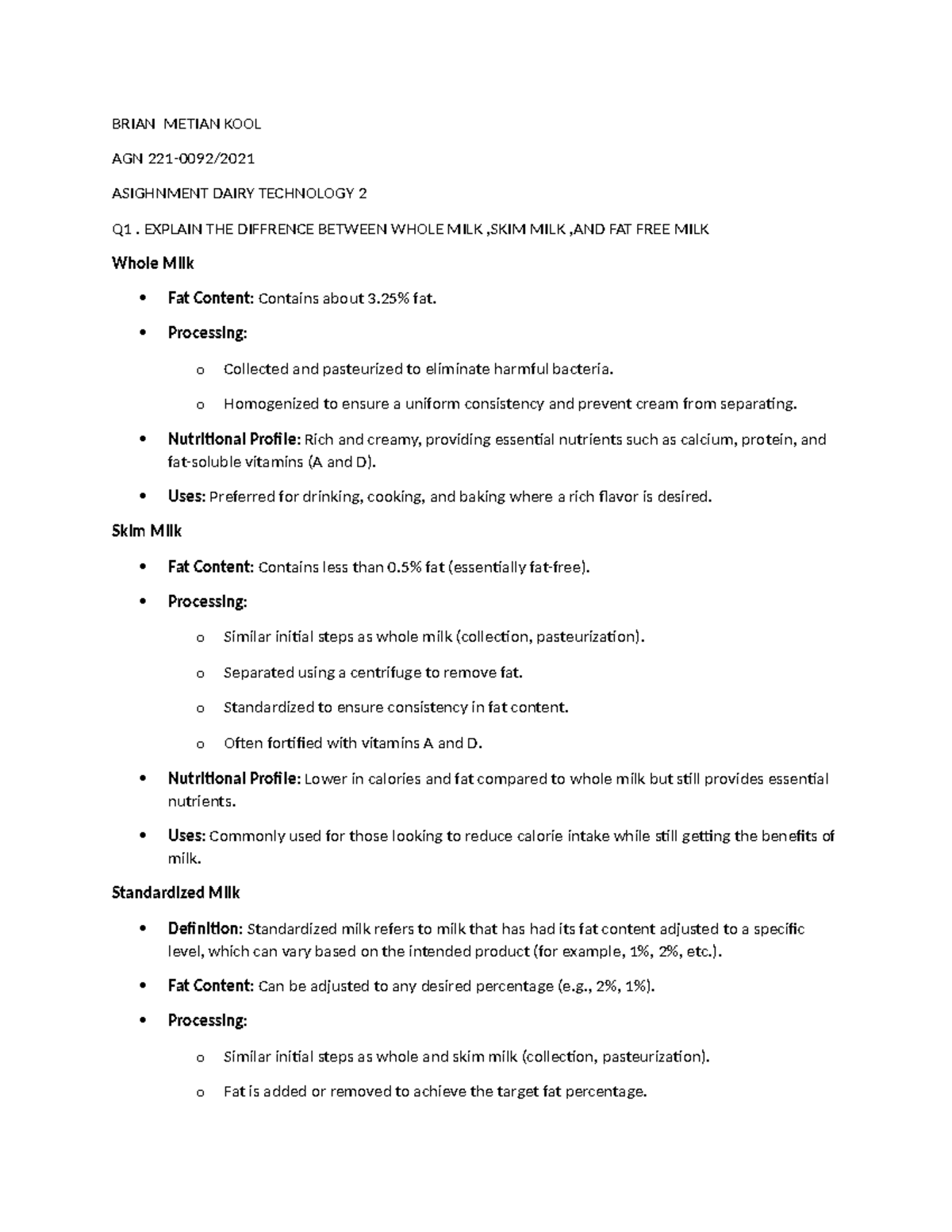 Dairy Technology 2 Q1 Assignment: Whole, Skim, and Fat-Free Milk ...