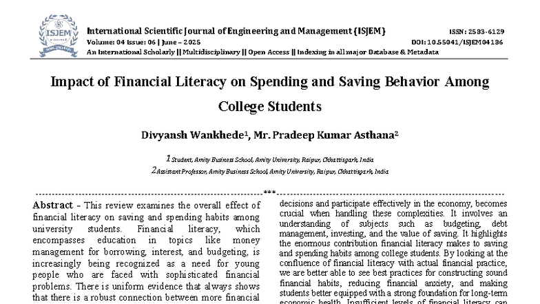 Impact of Financial Literacy on Spending & Saving Behavior Among College - Document Preview