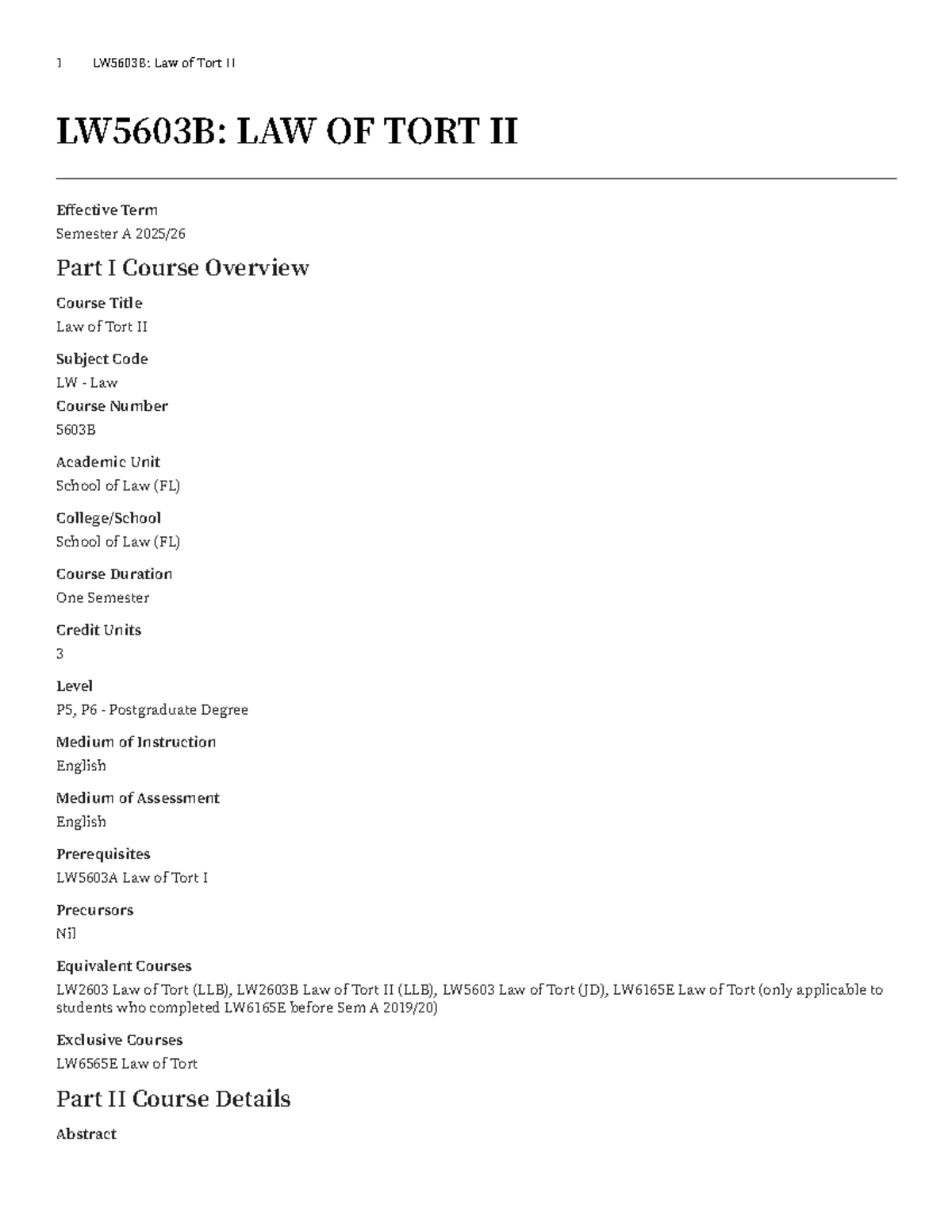 LW5603B: Law of Tort II Course Handbook and Overview - Studocu