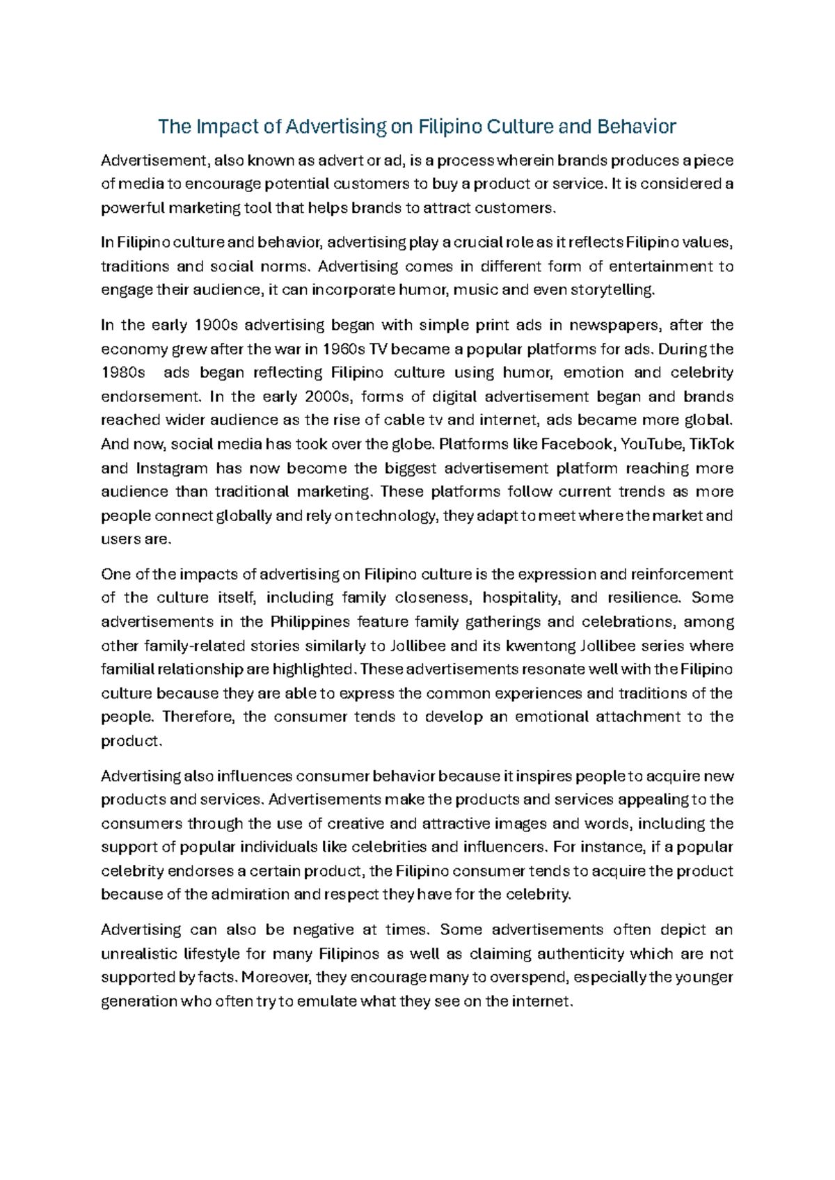The Impact of Advertising on Filipino Culture and Behavior: A Study ...