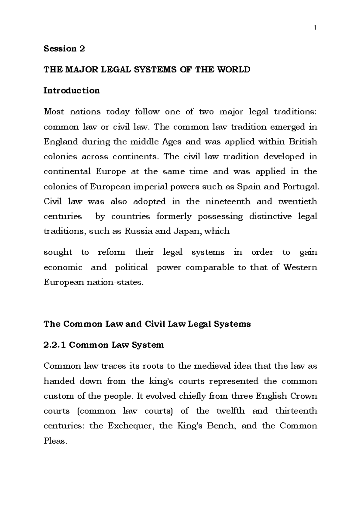 Class Sessions 2-5: Major Legal Systems of the World Overview - Studocu