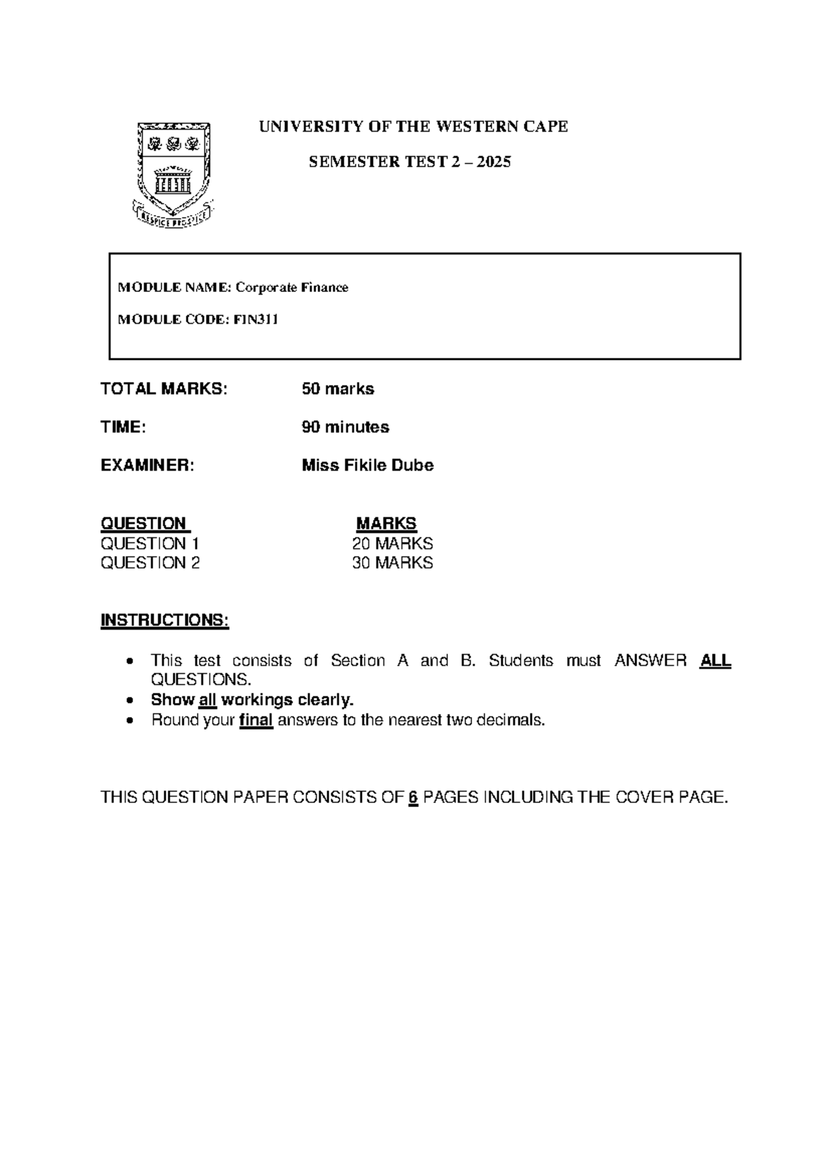 FIN311 Corporate Finance Semester Test 2 Questions 2025 - Studocu