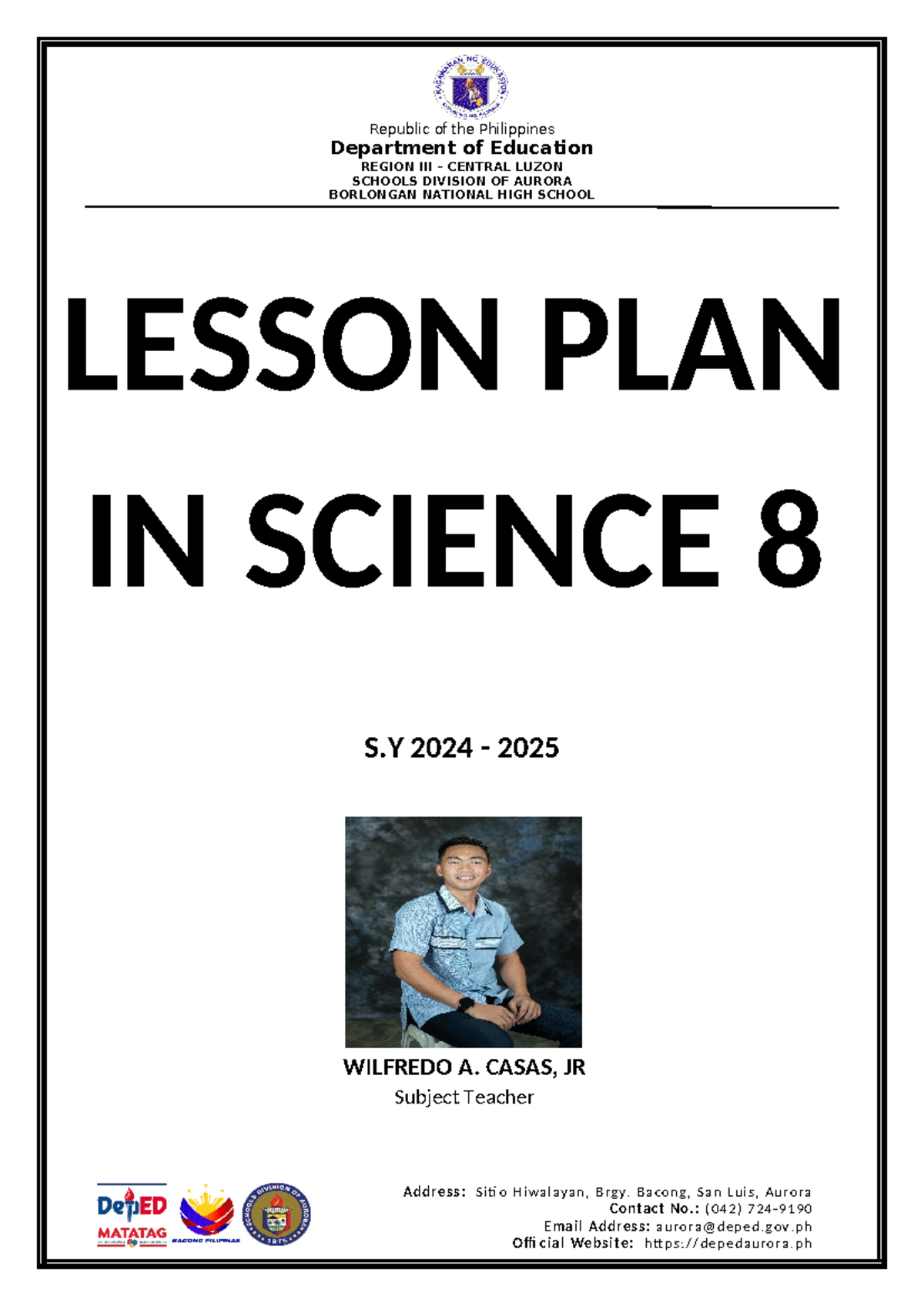 Lesson Plan Front Page - ####### Republic of the Philippines Department ...