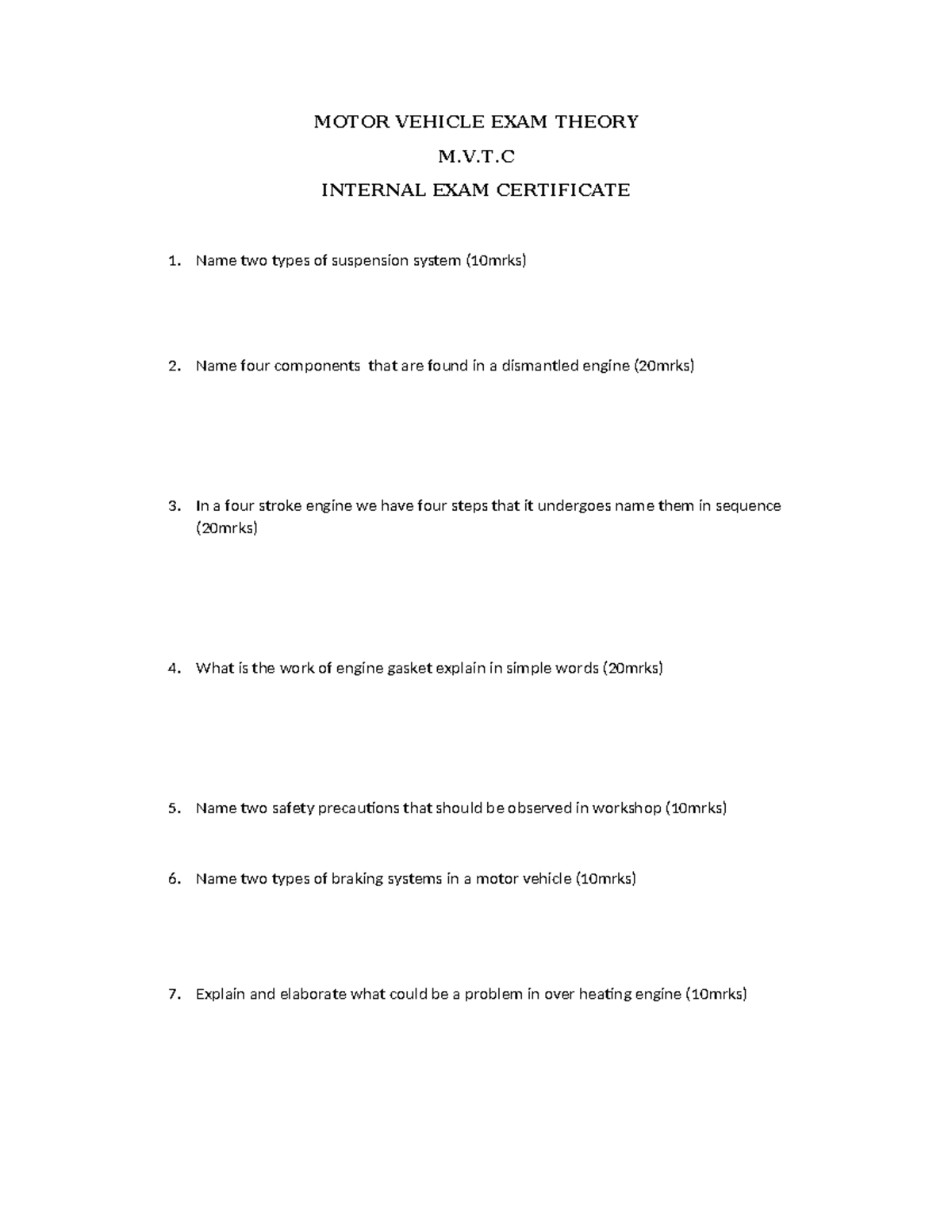 M.V.T - Motor Vehicle Final Exam Theory Notes - Studocu