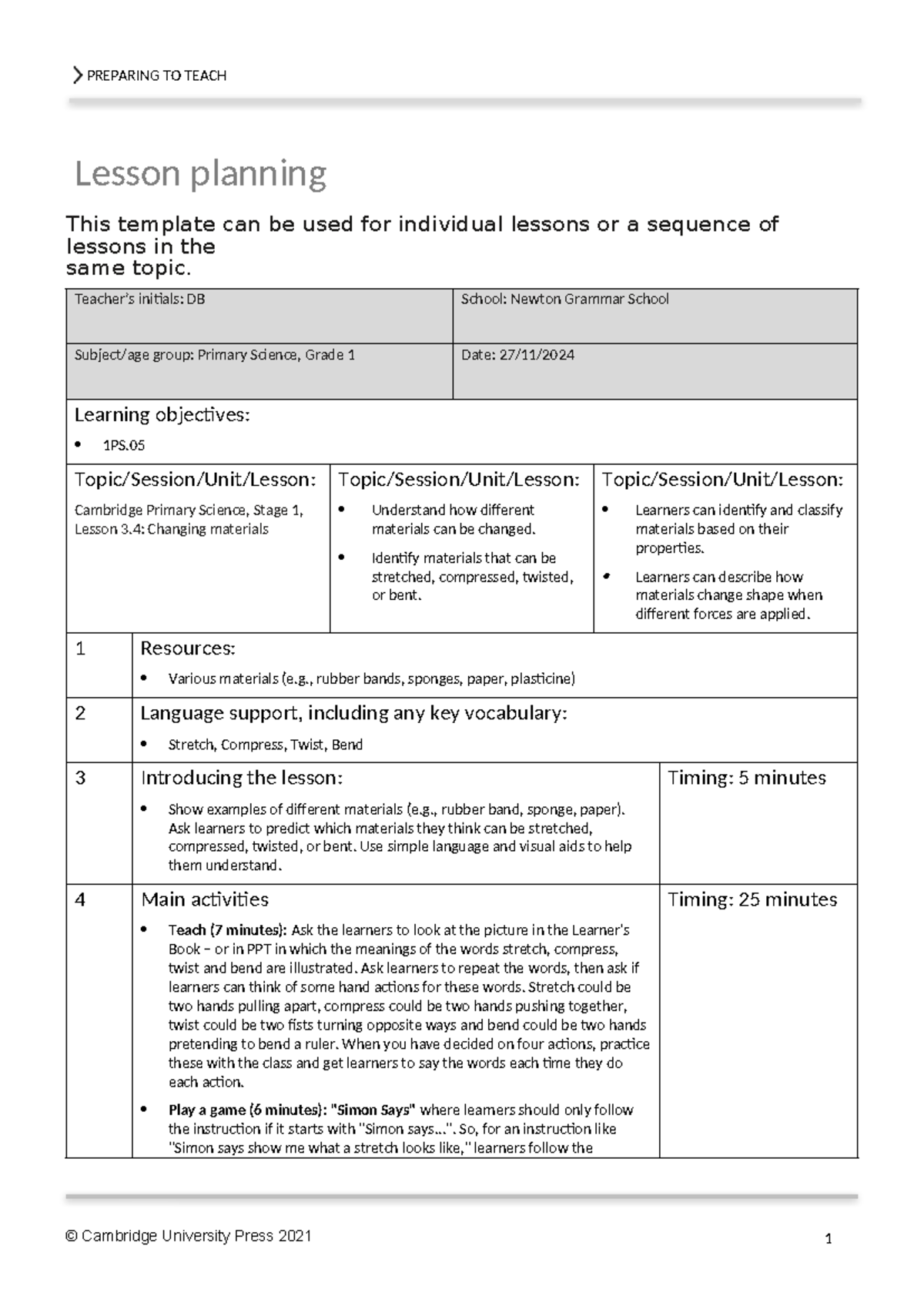 Lesson Plan 1C: Changing Materials for Primary Science - Studocu