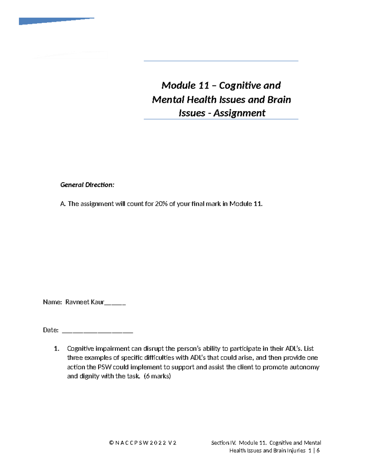 IV-12.1 Assignment - Module 11 Cognitive Impairment & Mental Health ...