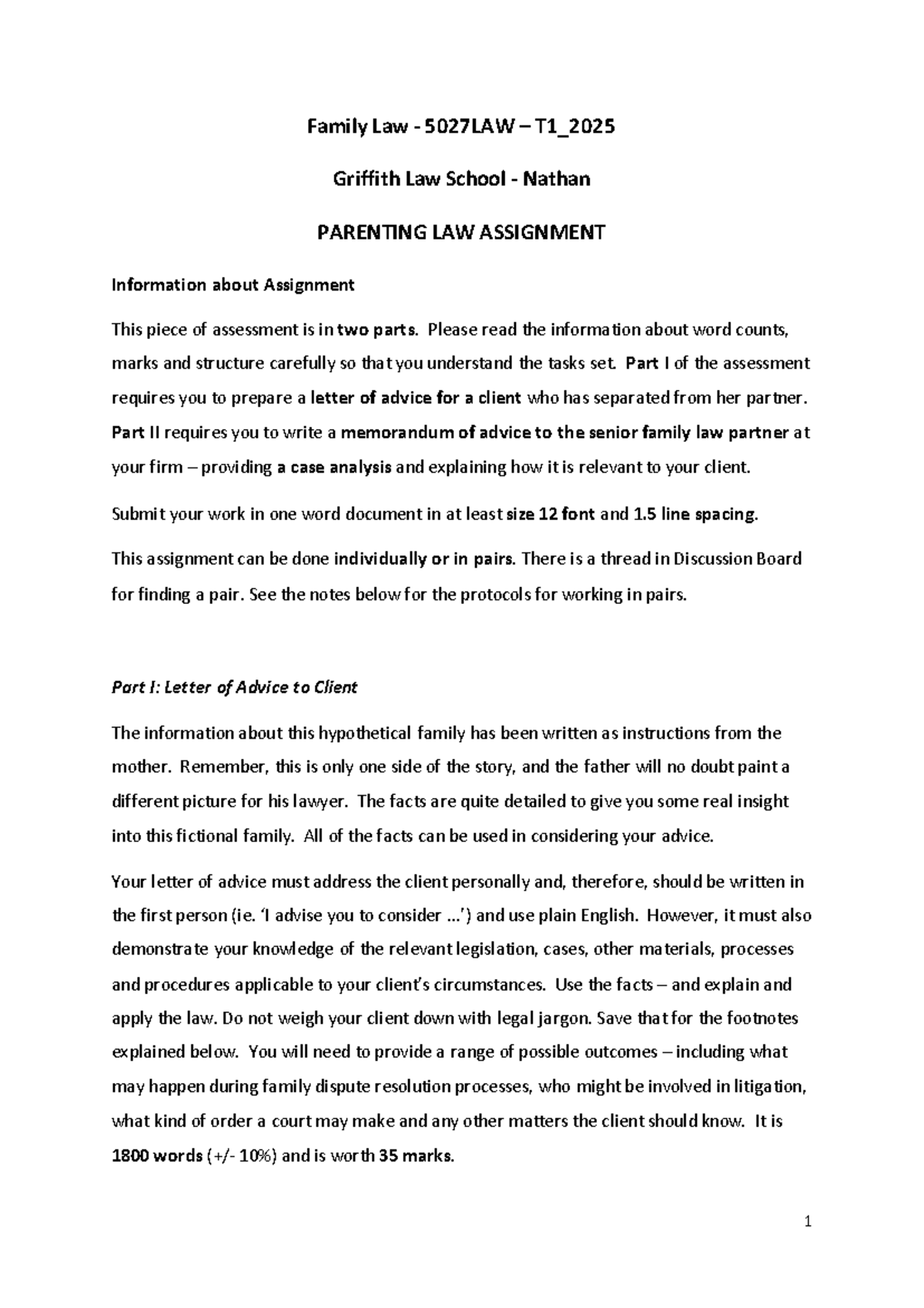 Family Law 5027LAW T1_2025: Parenting Law Assignment Guide - Studocu