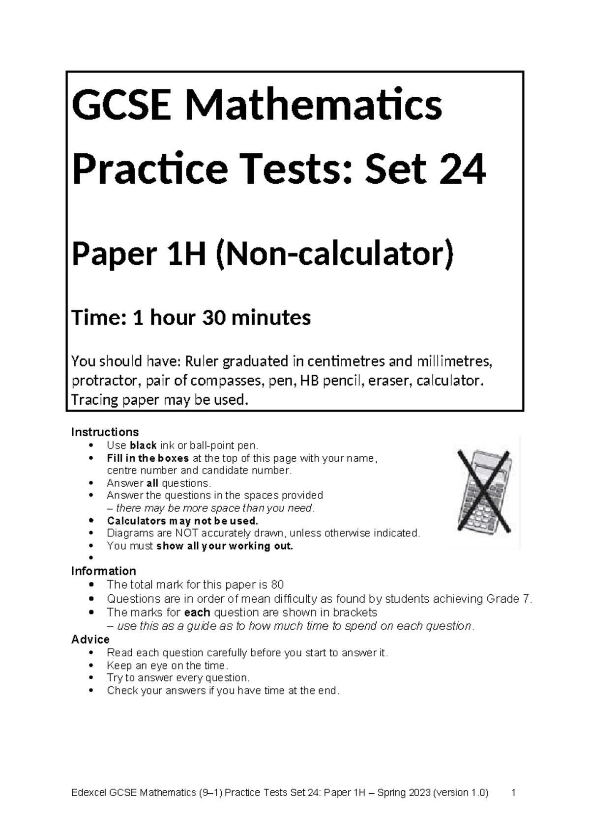 Edexcel GCSE Maths Practice Tests: Set 24 Paper 1H (Spring 2023 ...