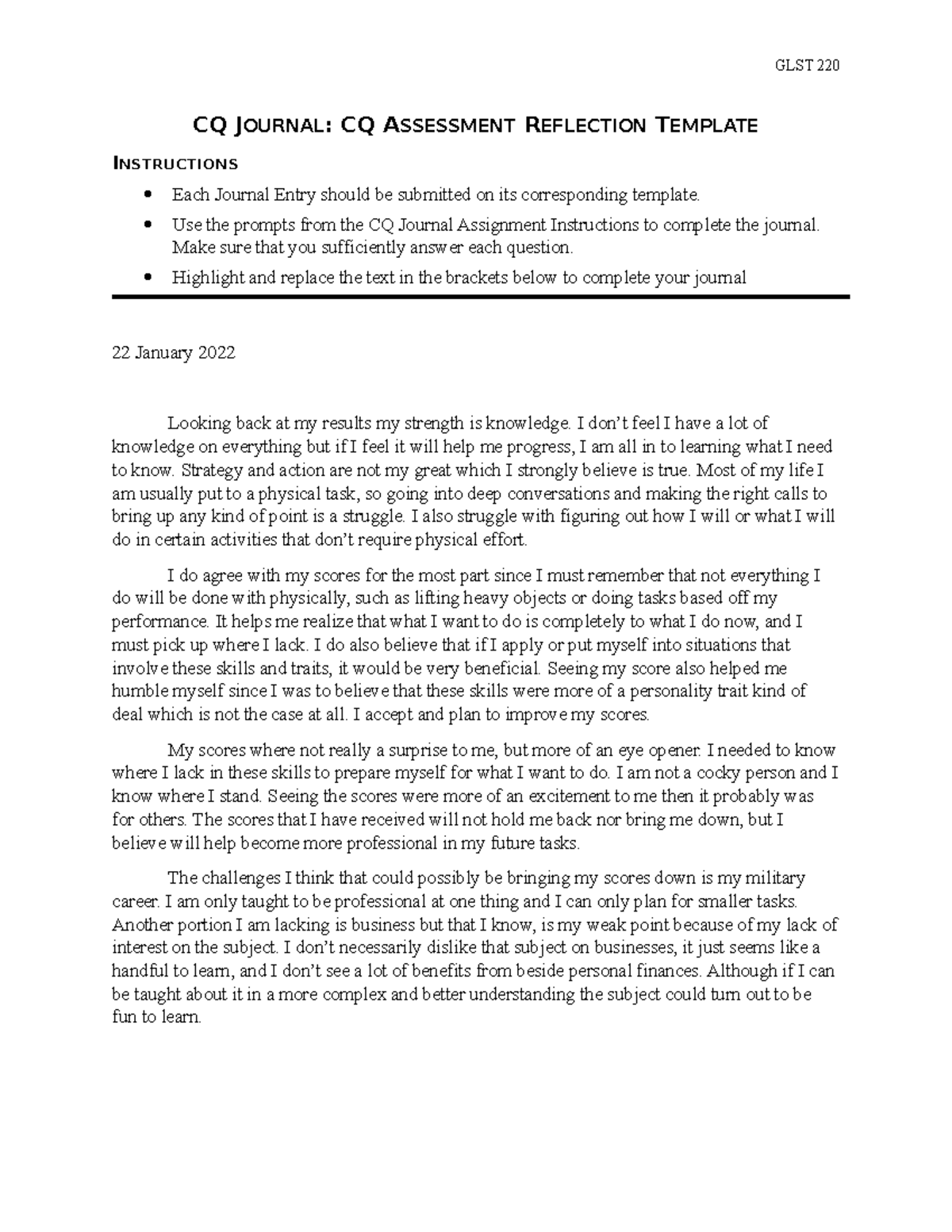 GLST 220 CQ Journal: Week 2 Assessment Reflection Insights - Studocu