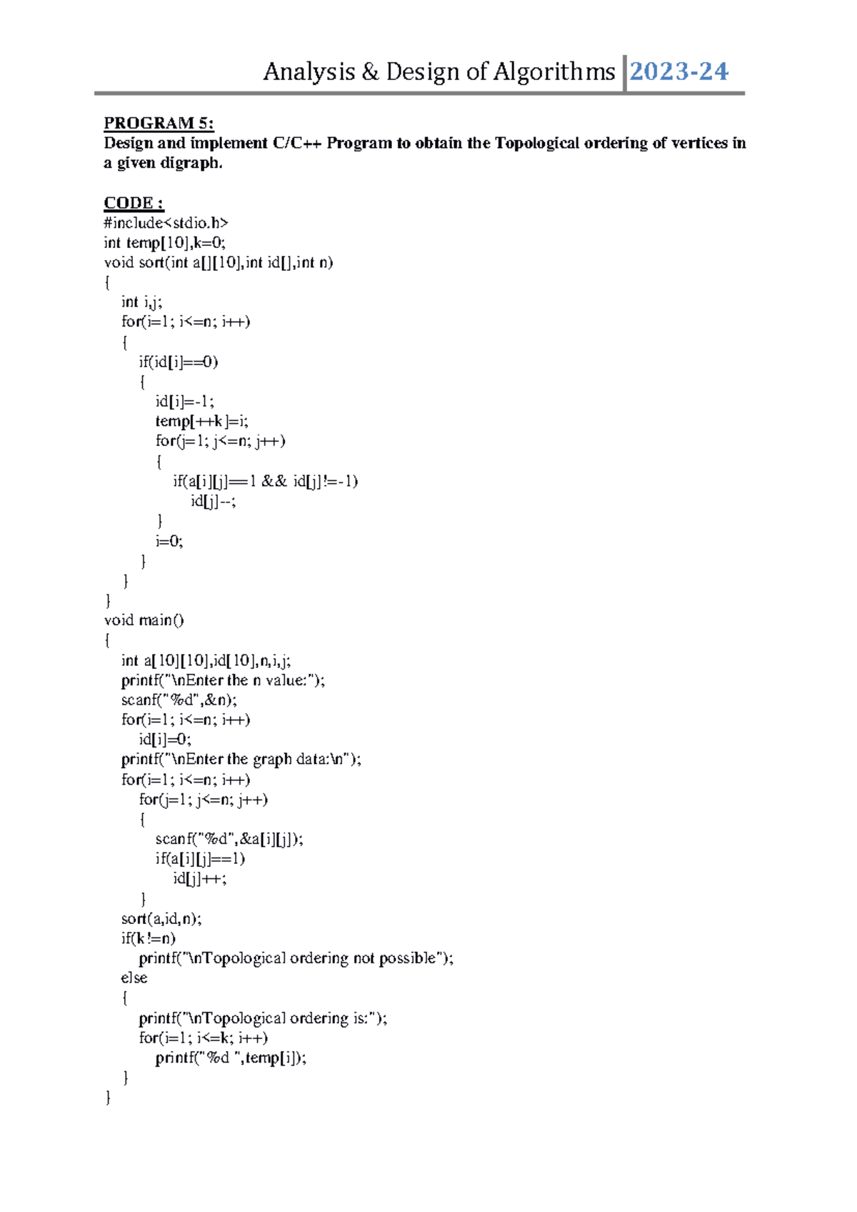Program 5 - Analysis & Design of Algorithms 2023 - 24 PROGRAM 5: Design ...