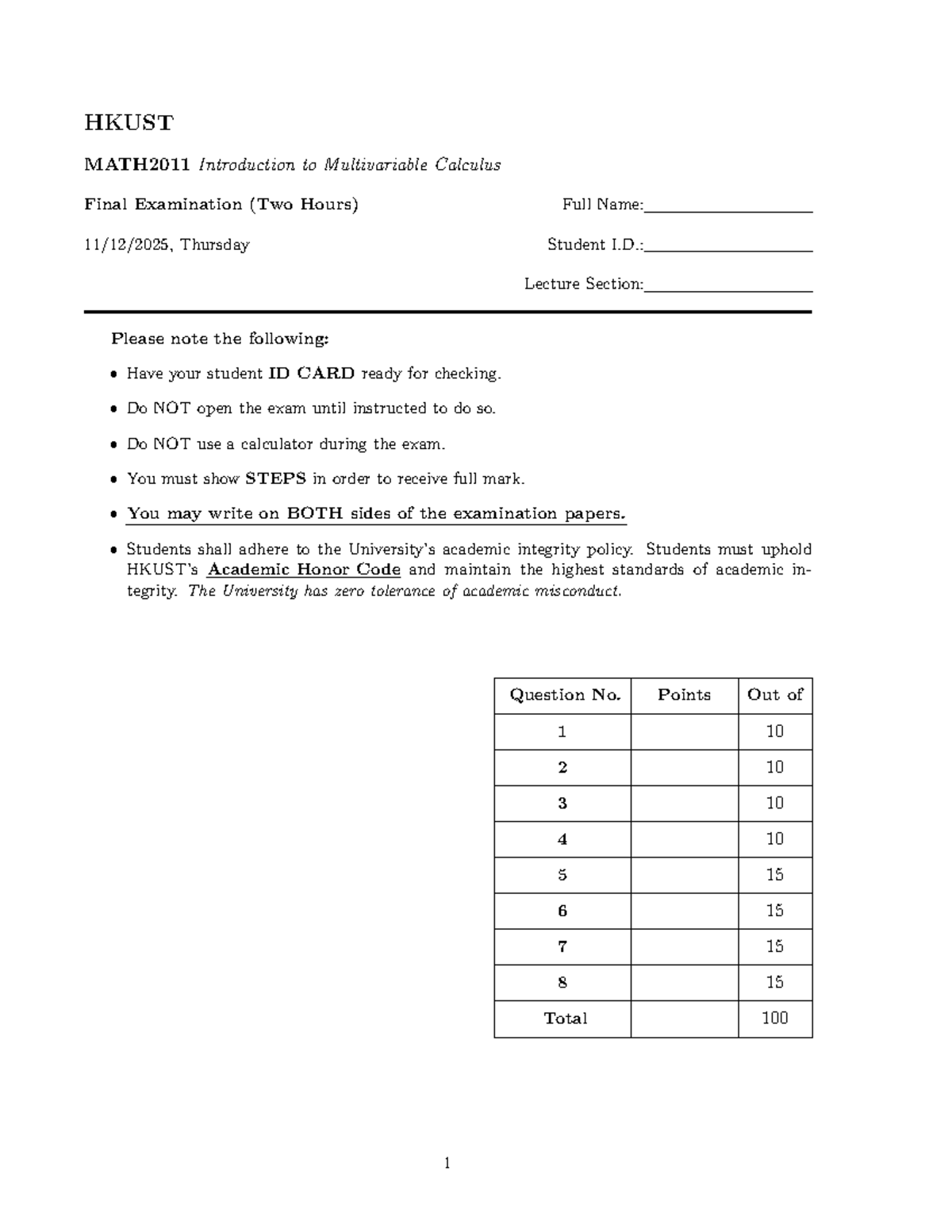 HKUST MATH2011 Multivariable Calculus Final Exam Guide 2025F - Studocu
