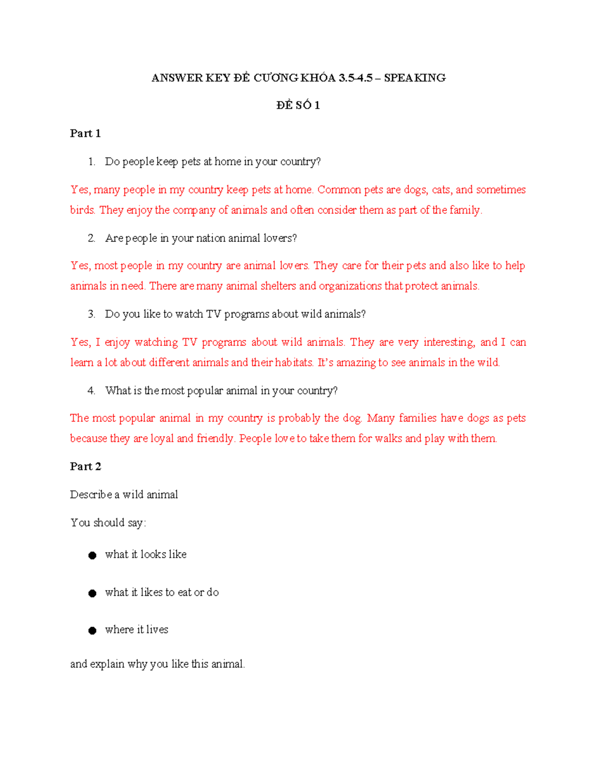 [Đề cương 3.5-4.5] Speaking Answer Key & Sample Responses - Studocu