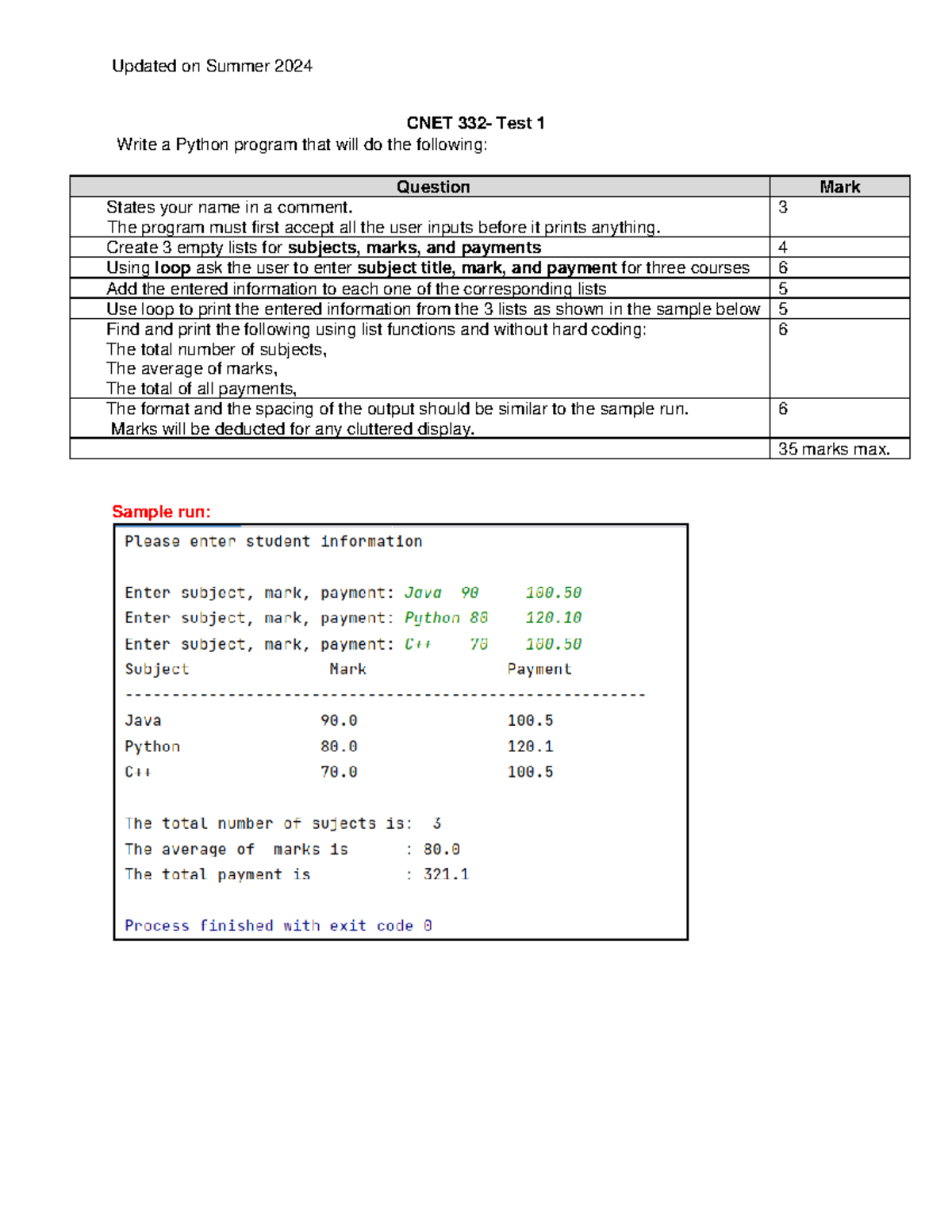 CNET 2024 Test 1: Python Program for Course Data Entry - Studocu