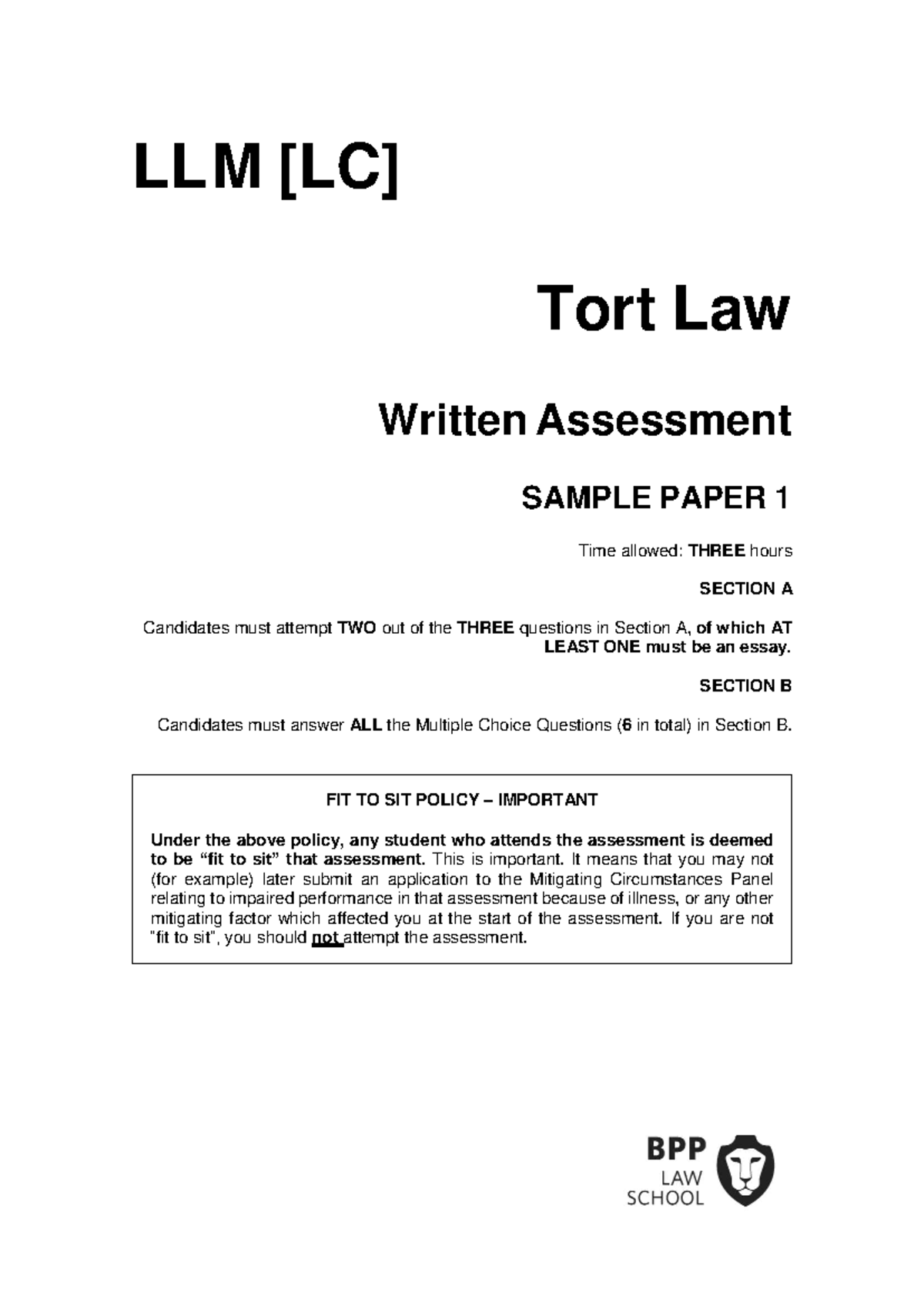LLM Sample Paper 1 and SPTI - LLM [LC] Tort Law Written Assessment ...