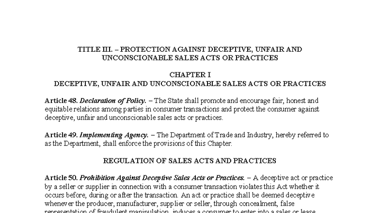 T3 and T4 - RA 7394: Consumer Protection Against Deceptive Sales ...