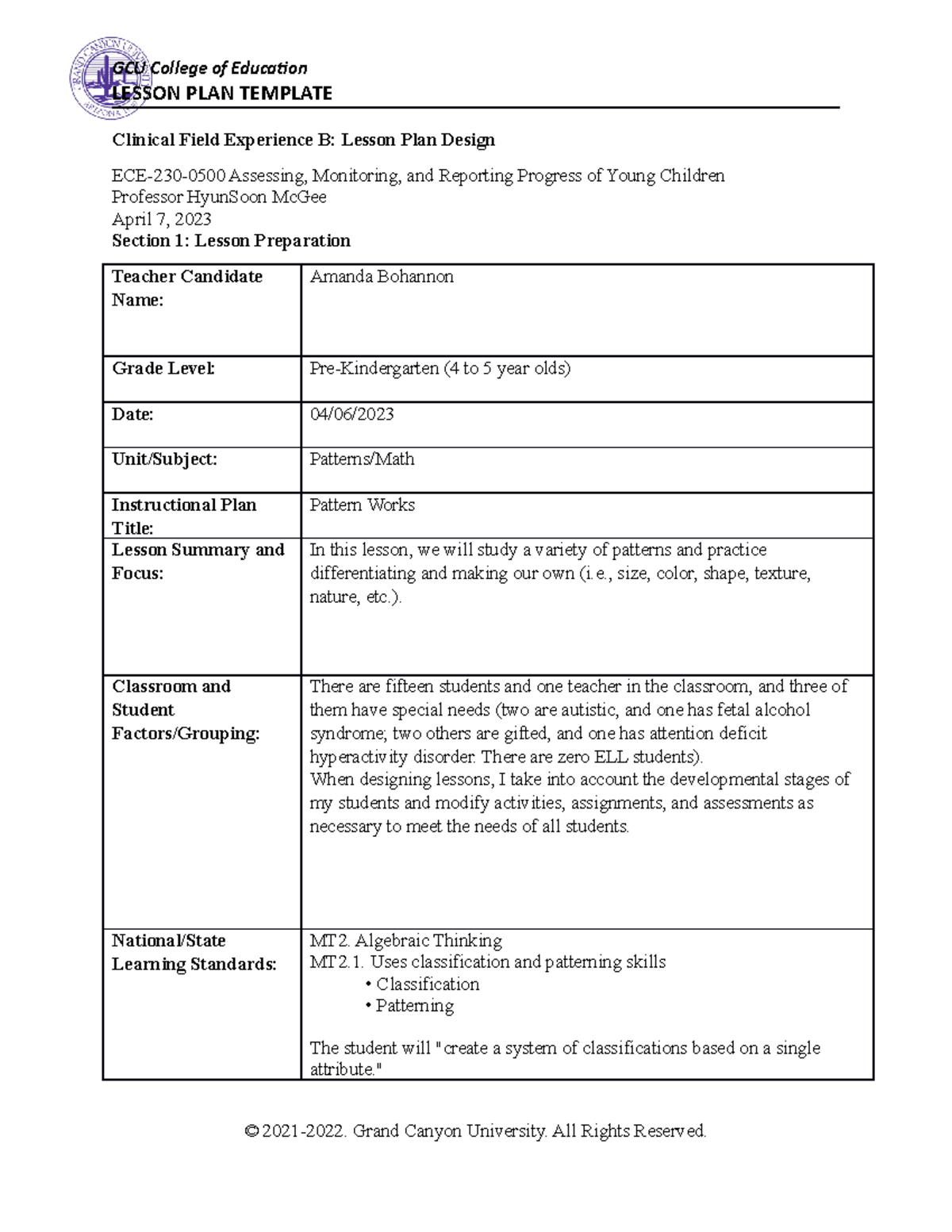 ECE-230-0500 Clinical Field Experience B: Pre-K Lesson Plan on Patterns ...