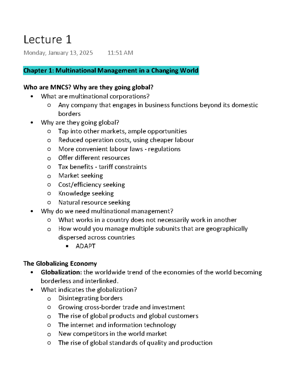 Lecture 1 - Multinational Management in a Globalized Economy - Studocu