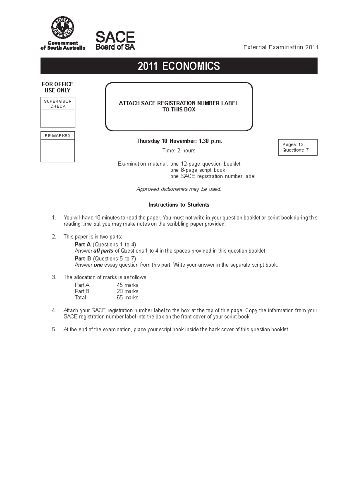 2011 Economics Examination Paper - ATTACH SACE REGISTRATION NUMBER ...