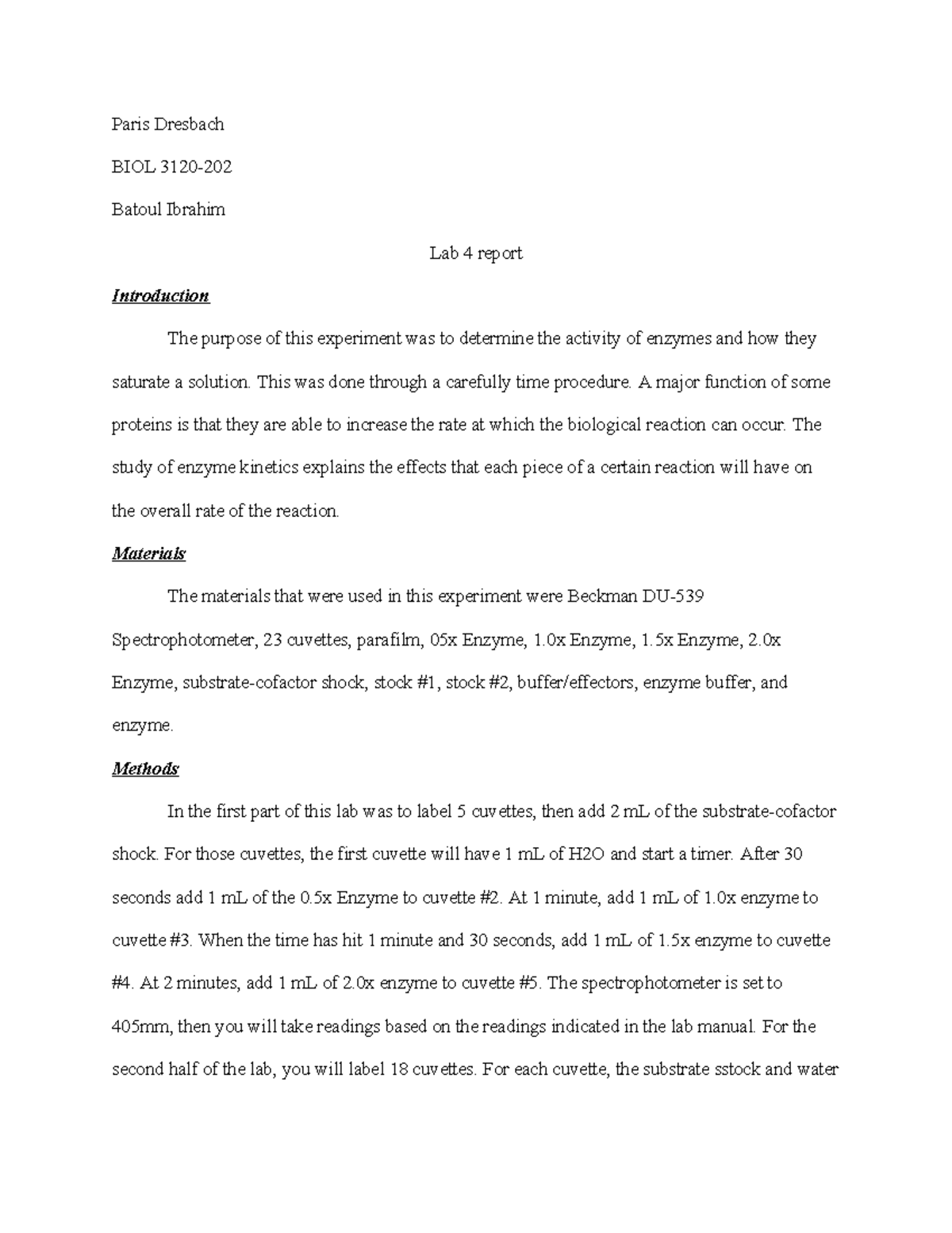 BIOL 3120 - Cell Biology Lab Report 4: Enzyme Kinetics Experiment - Studocu