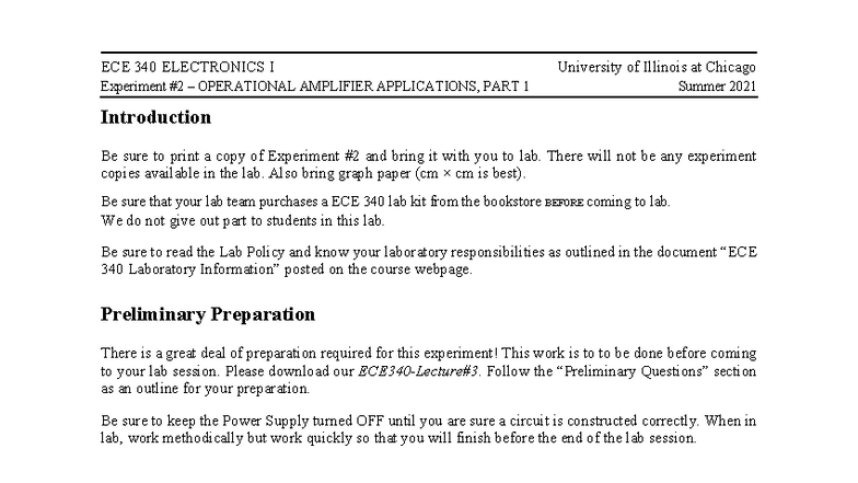 ECE 340 Lab: Operational Amplifier Applications Experiment Part 1 - Studocu