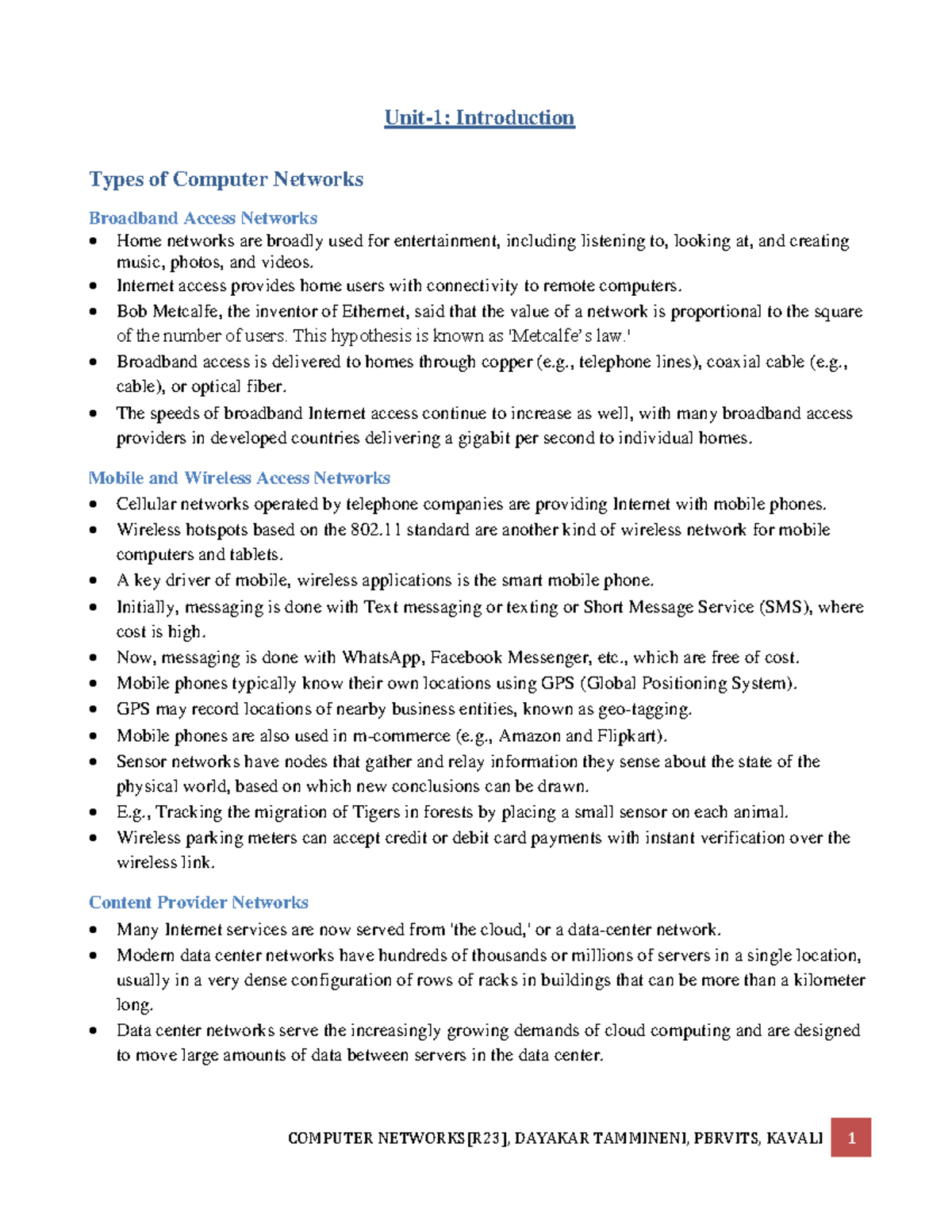 CN Unit-1: Overview of Computer Networks and Access Types - Studocu