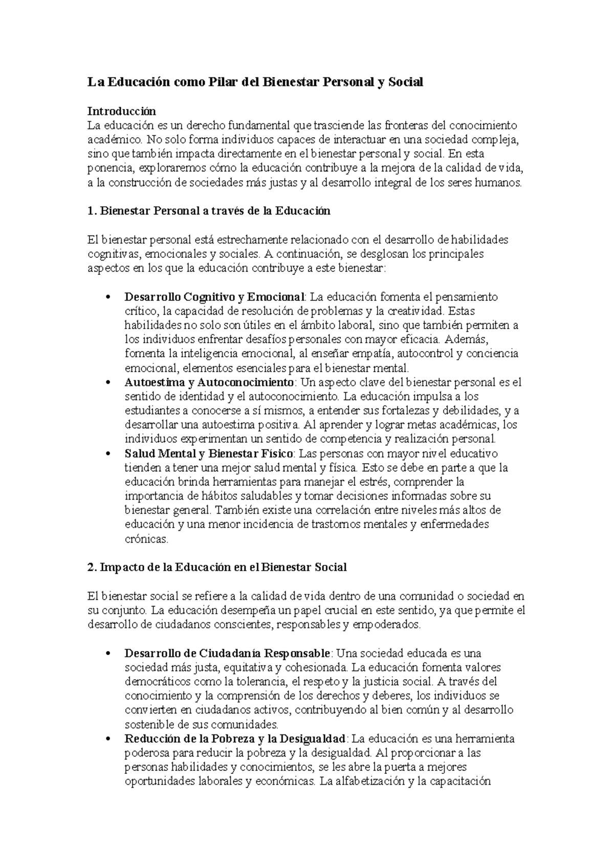 La Educación y su Impacto en el Bienestar Personal y Social - Studocu